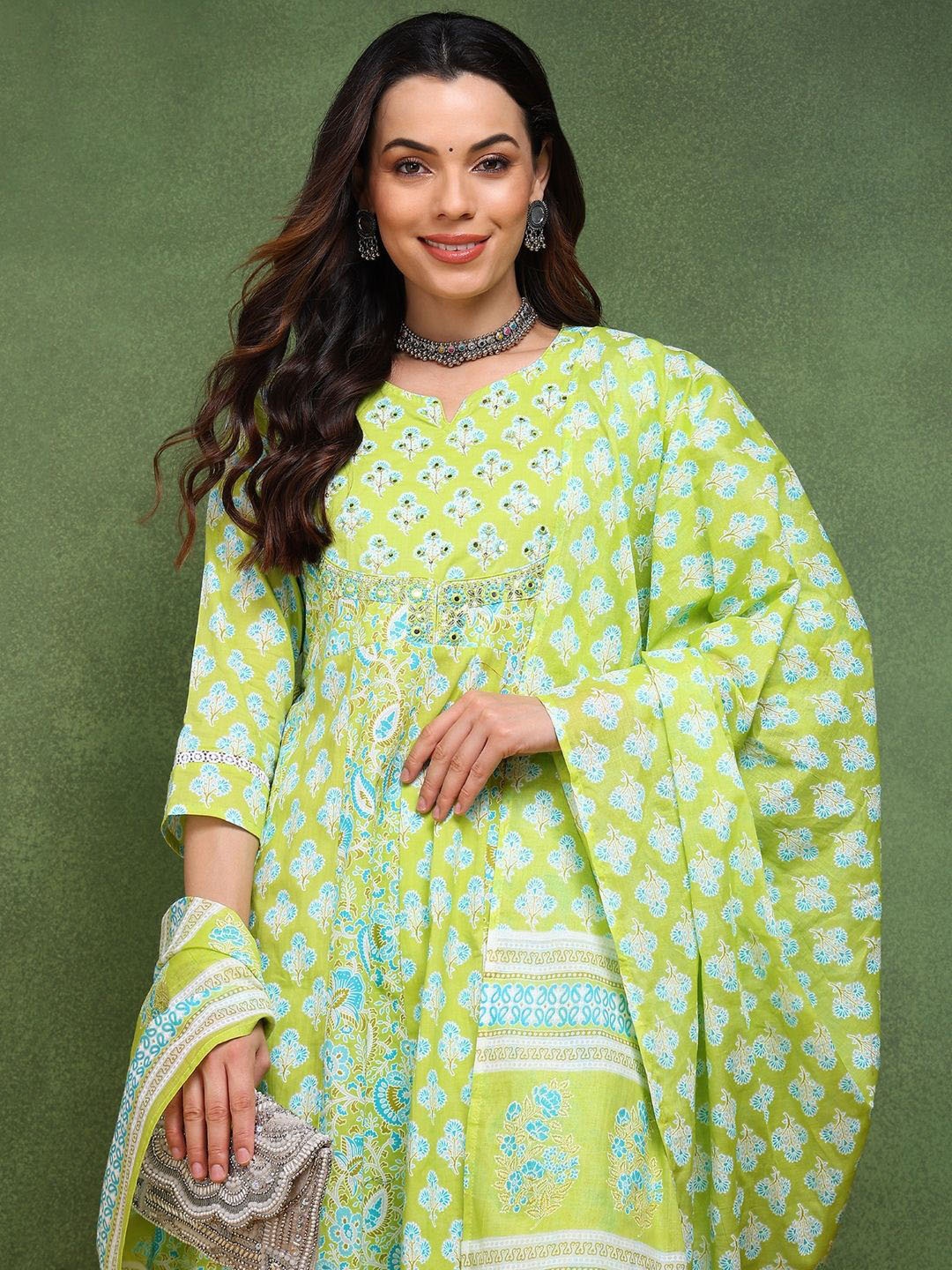 

KALINI Floral Printed Mirror Work Pure Cotton Anarkali Kurta with Salwar & Dupatta, Green