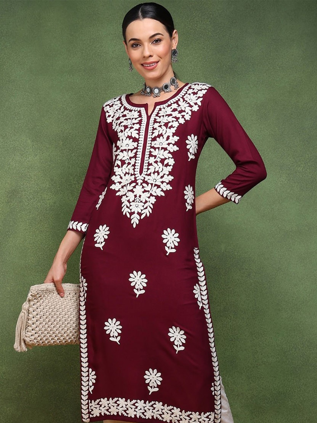 KALINI Floral Embroidered Notch Neck Chikankari Straight Kurta, Burgundy