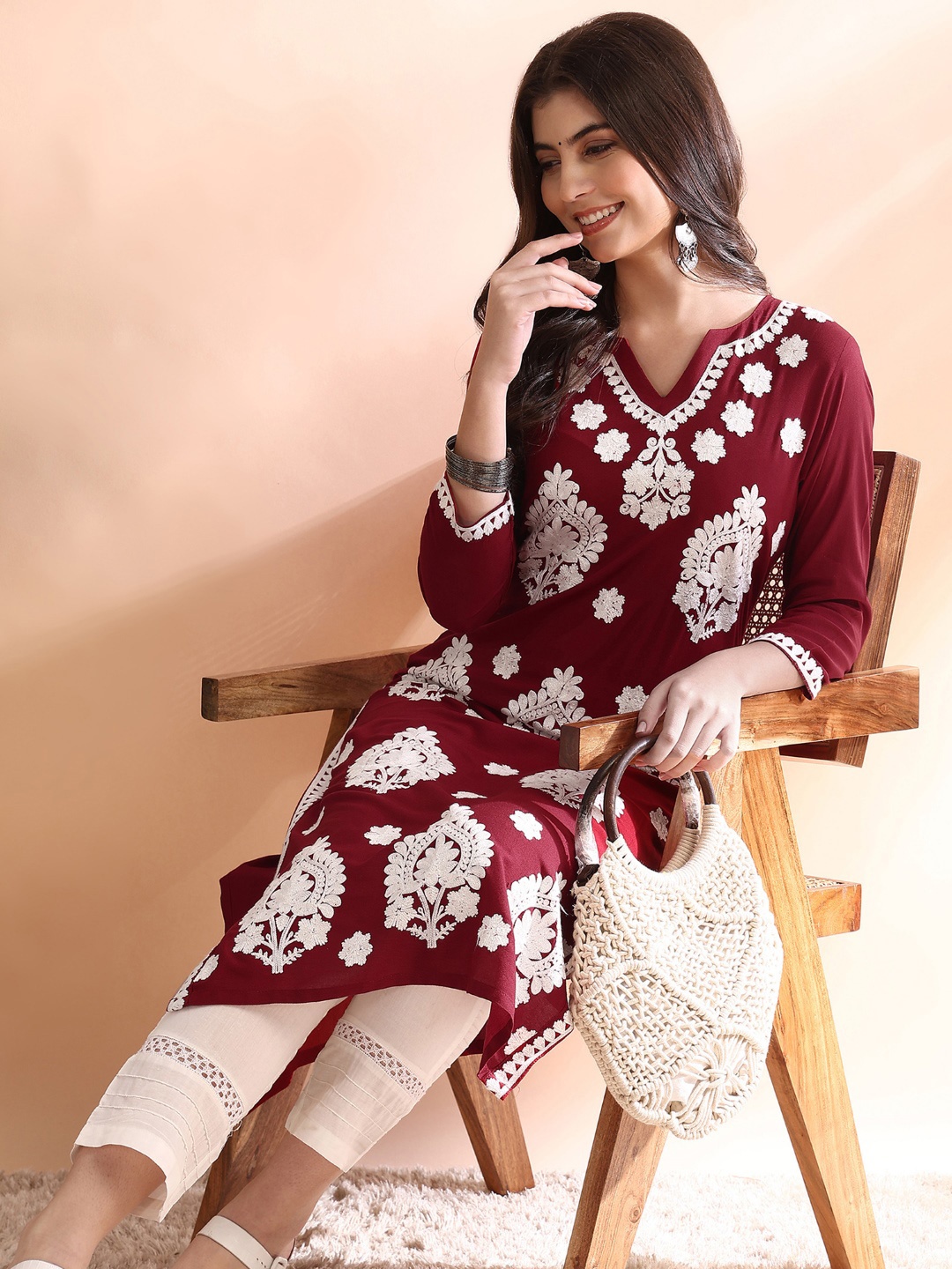 

KALINI Round Neck Thread Work Straight Kurta, Maroon