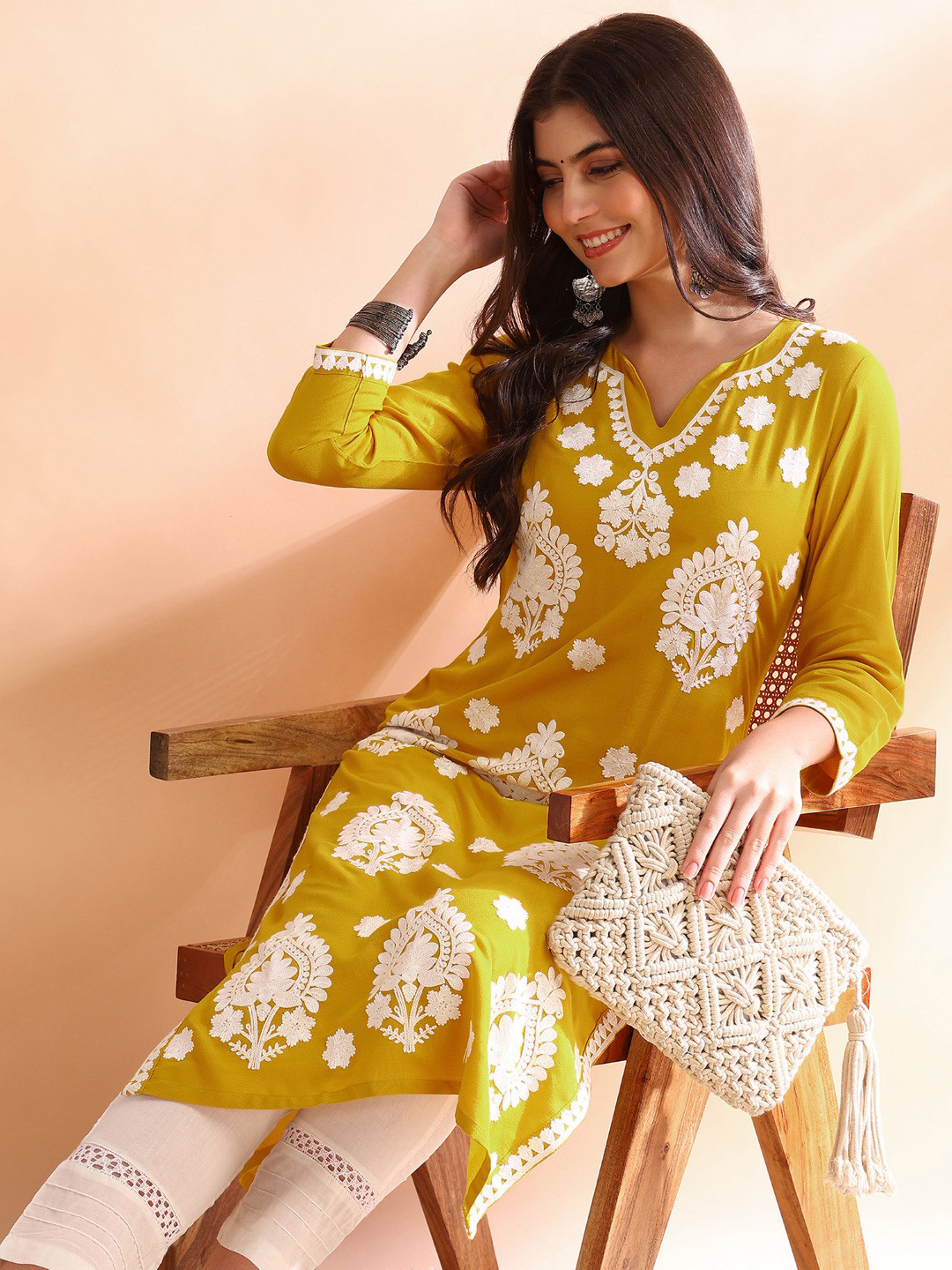 

KALINI Floral Embroidered Straight Kurta, Mustard