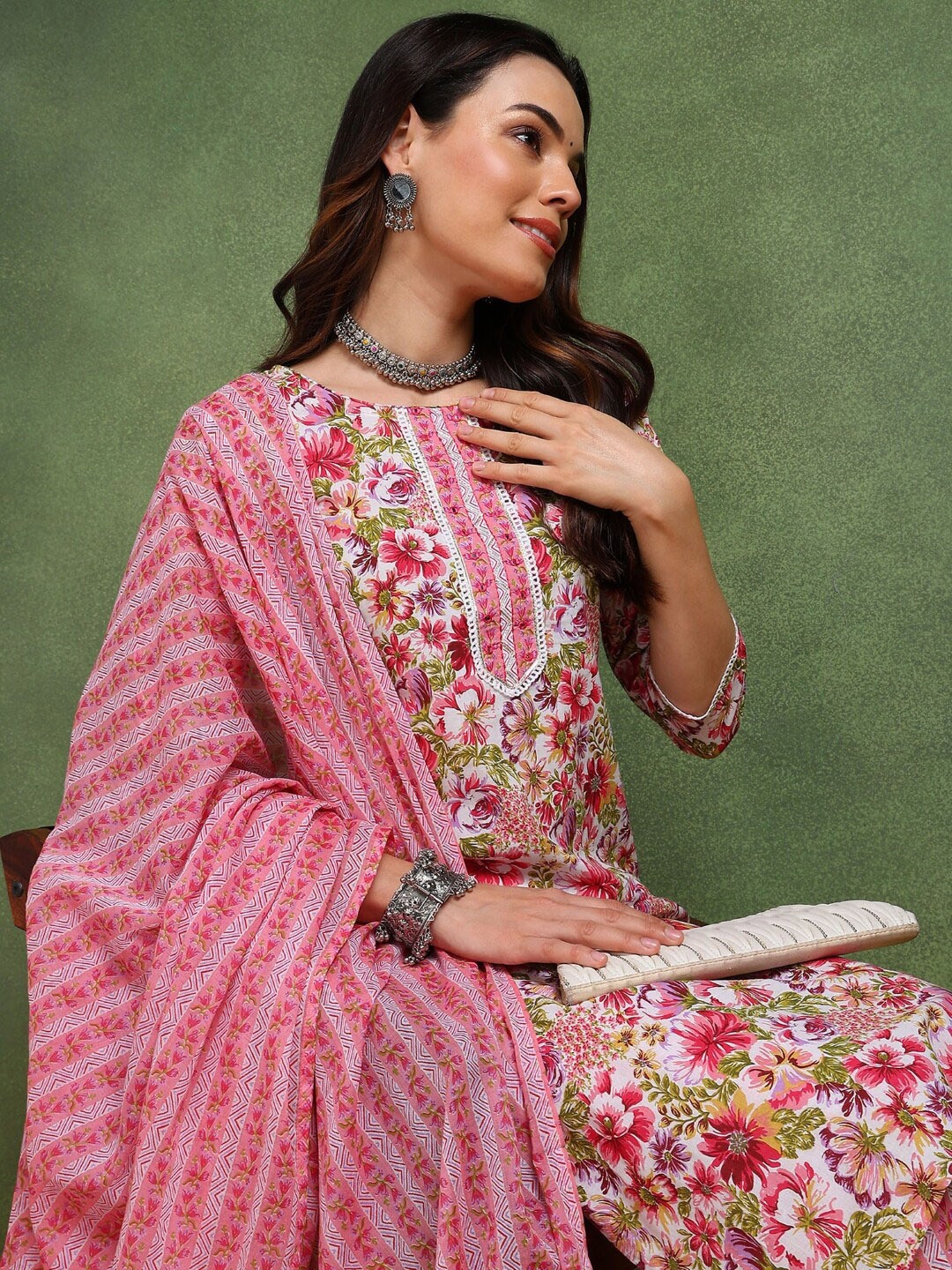 

KALINI Floral Printed Mirror Work Pure Cotton Straight Kurta with Trousers & With Dupatta, Pink