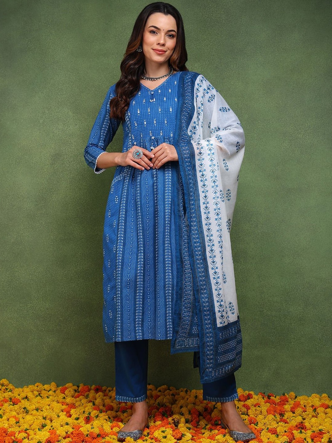 

KALINI Ethnic Motifs Printed Straight Pure Cotton Kurta with Trousers & Dupatta, Blue