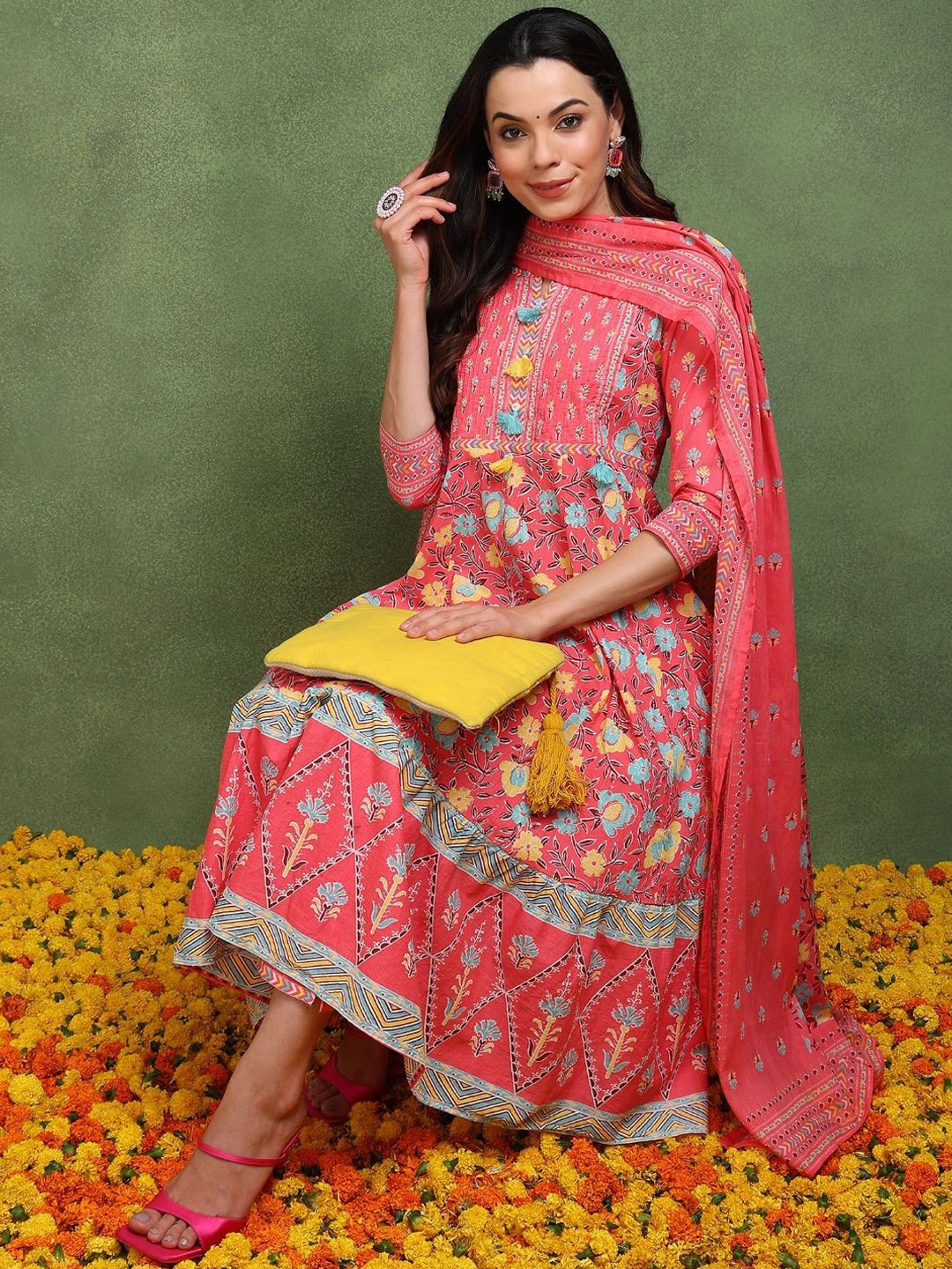 

KALINI Floral Printed Round Neck Pure Cotton Anarkali Kurta With Trousers & Dupatta, Pink