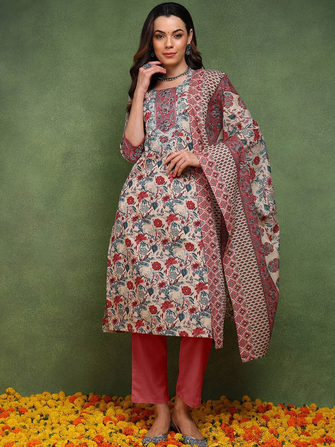 

KALINI Floral Printed Thread Work Pure Cotton Straight Kurta with Trousers & Dupatta, Beige