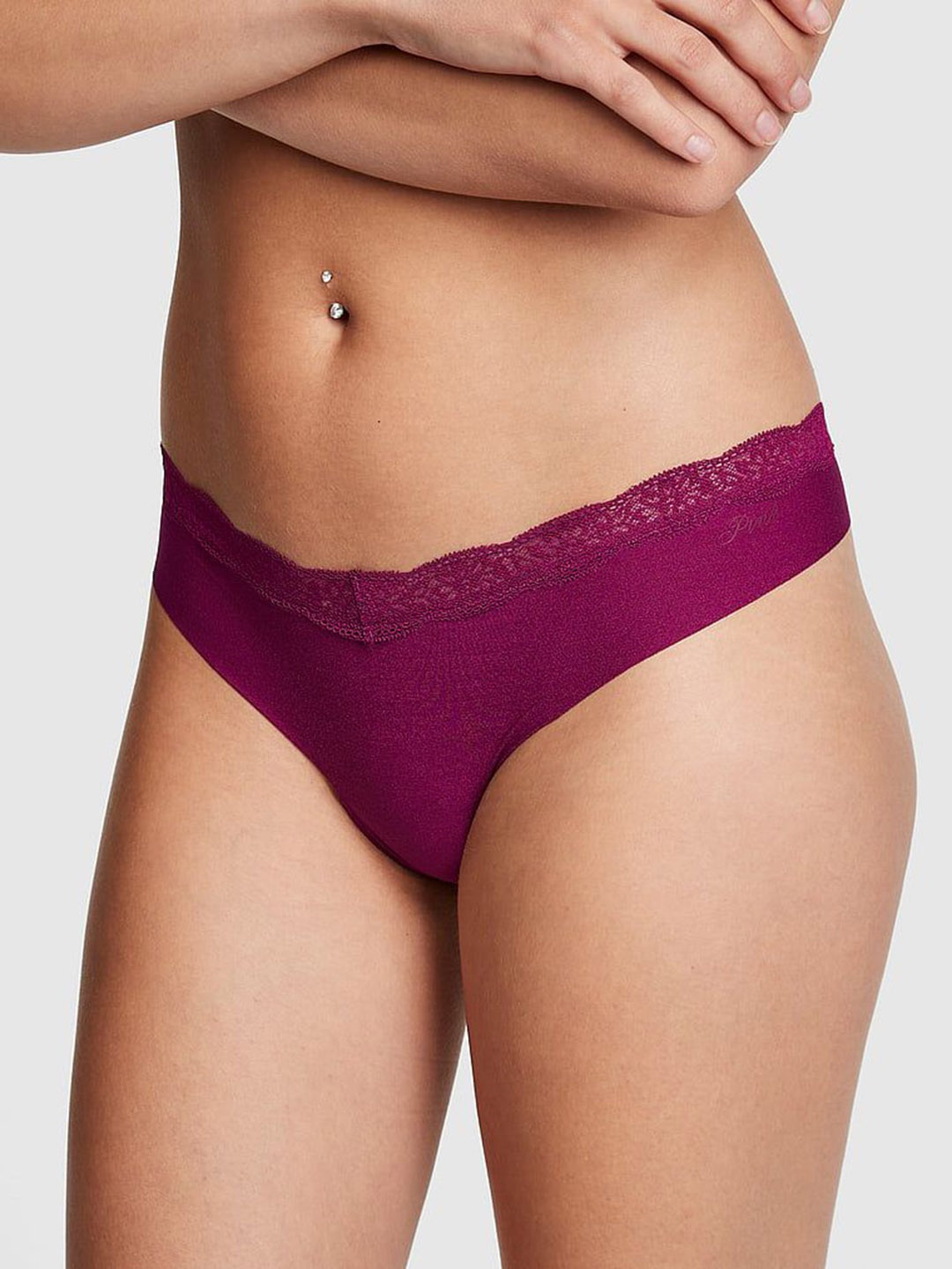 

Victoria's Secret Cotton No-Show Lace-Trim Thong Briefs- 112144885TY4, Purple