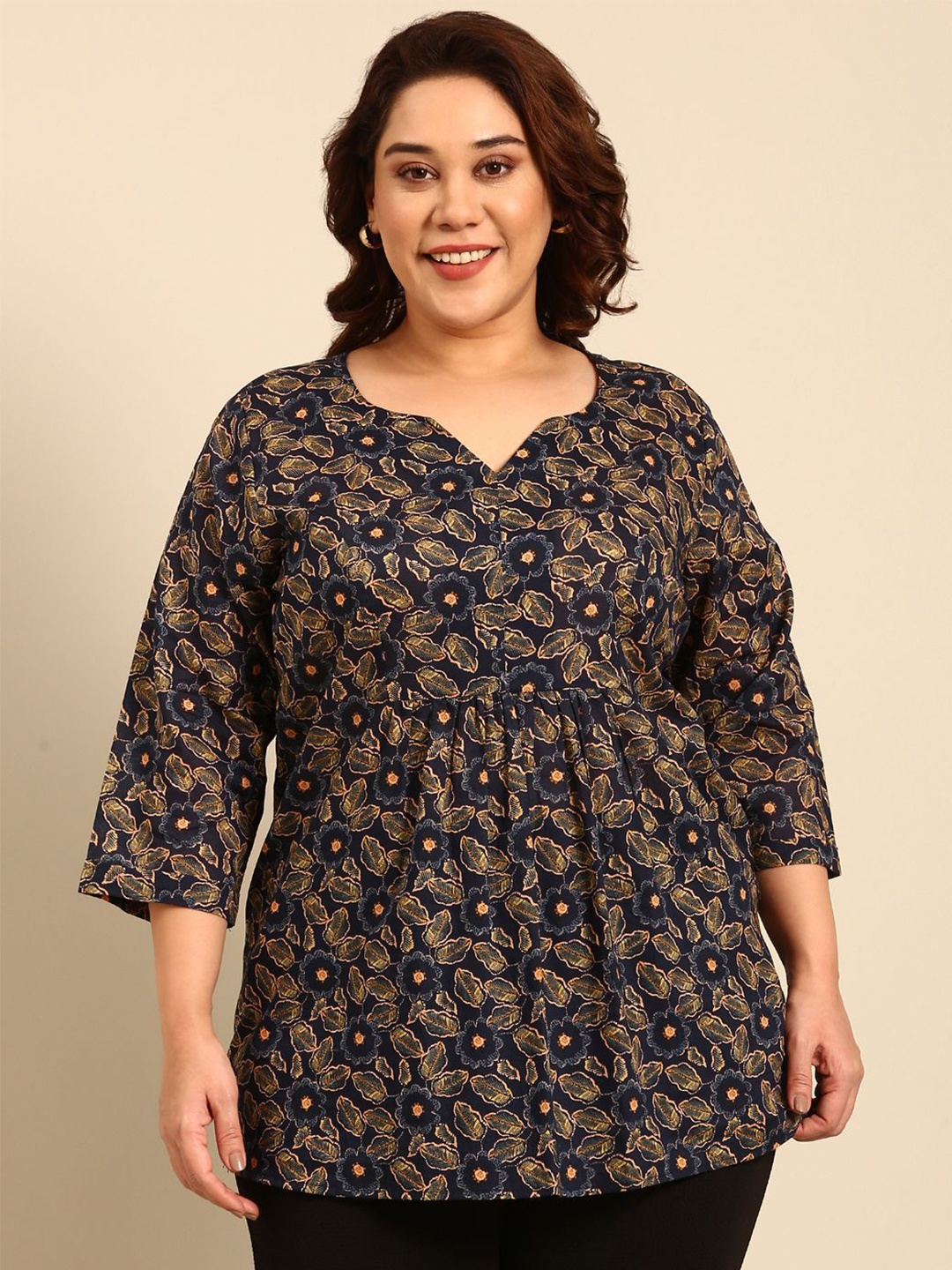 

The Pink Moon Floral Printed Cotton Empire Top, Navy blue