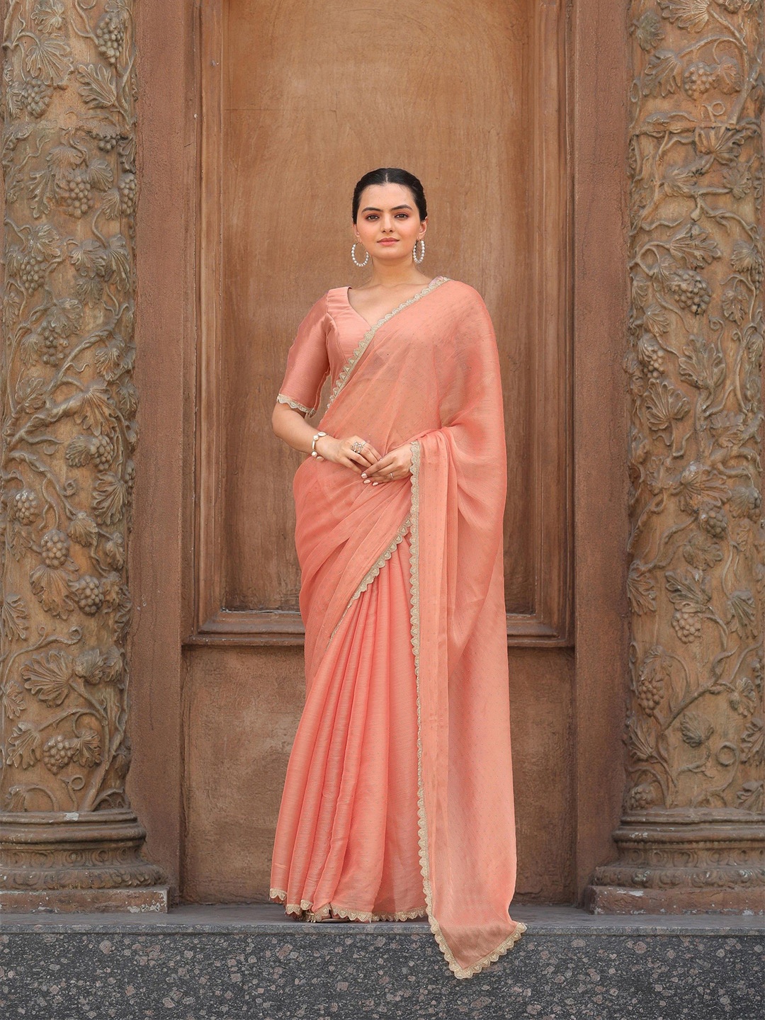 

Saree Exotica Embellished Beads and Stones Tussar Sarees, Coral