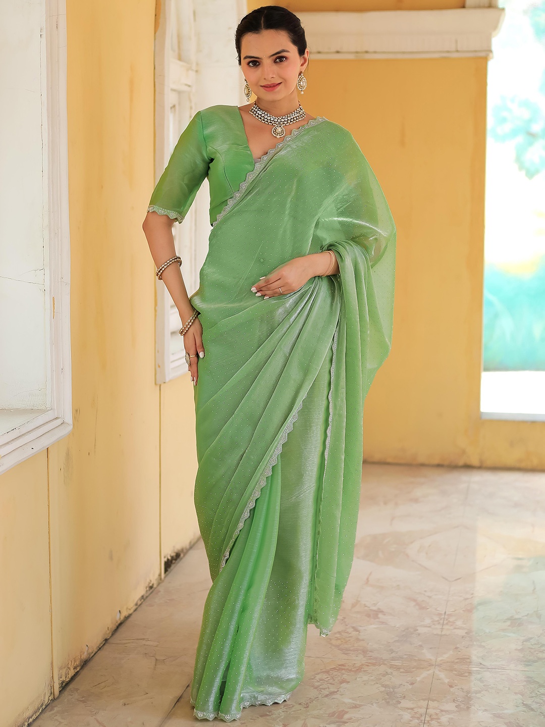 

Saree Exotica Embellished Beads and Stones Tussar Sarees, Green