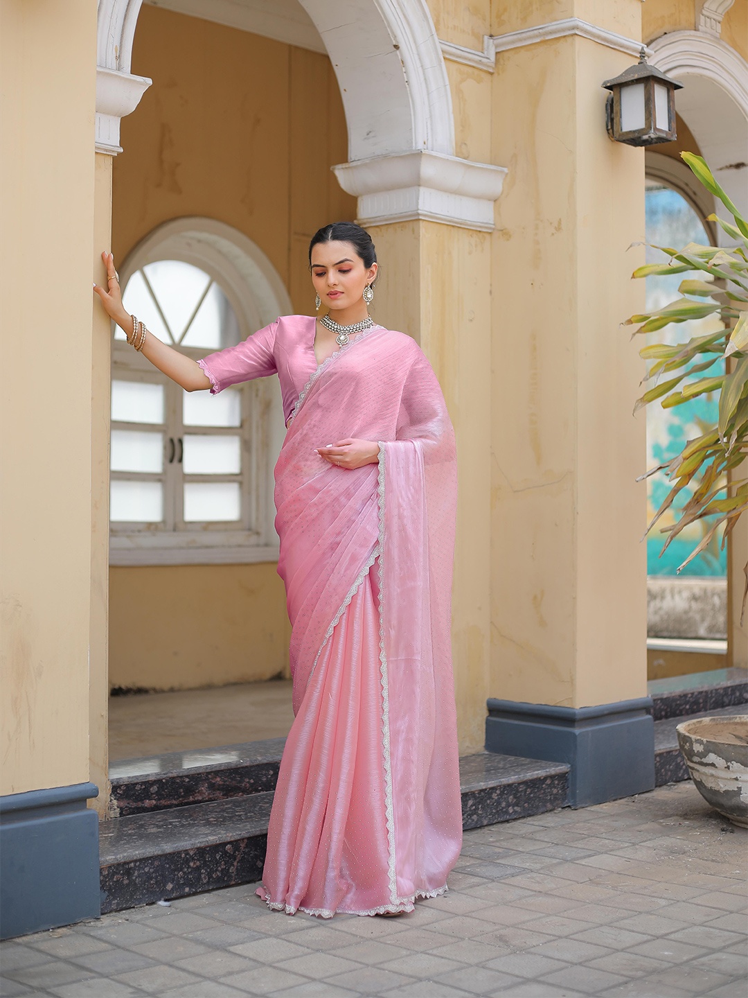 

Saree Exotica Embellished Beads and Stones Tussar Sarees, Pink