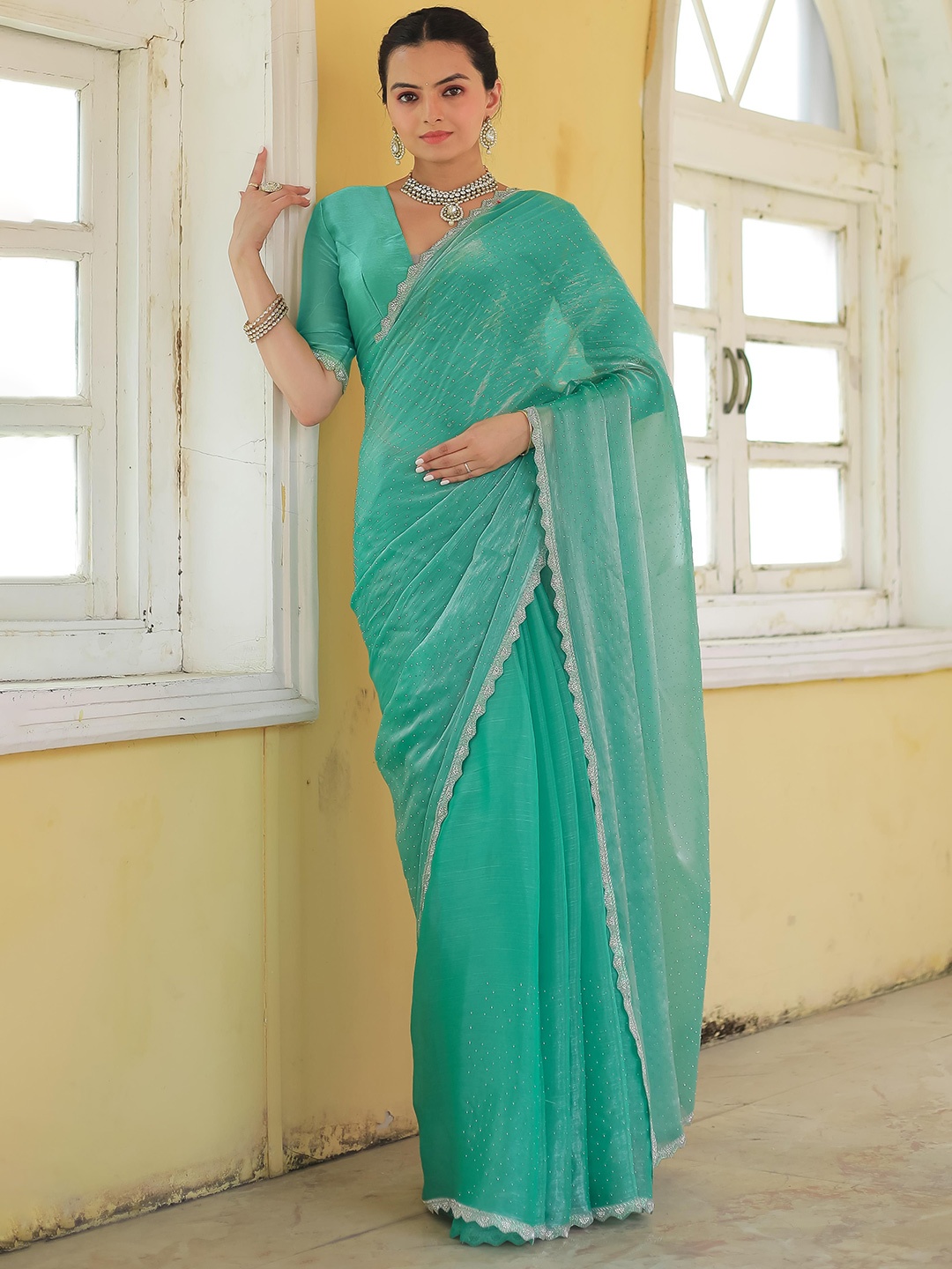 

Saree Exotica Embellished Beads and Stones Tussar Saree, Sea green