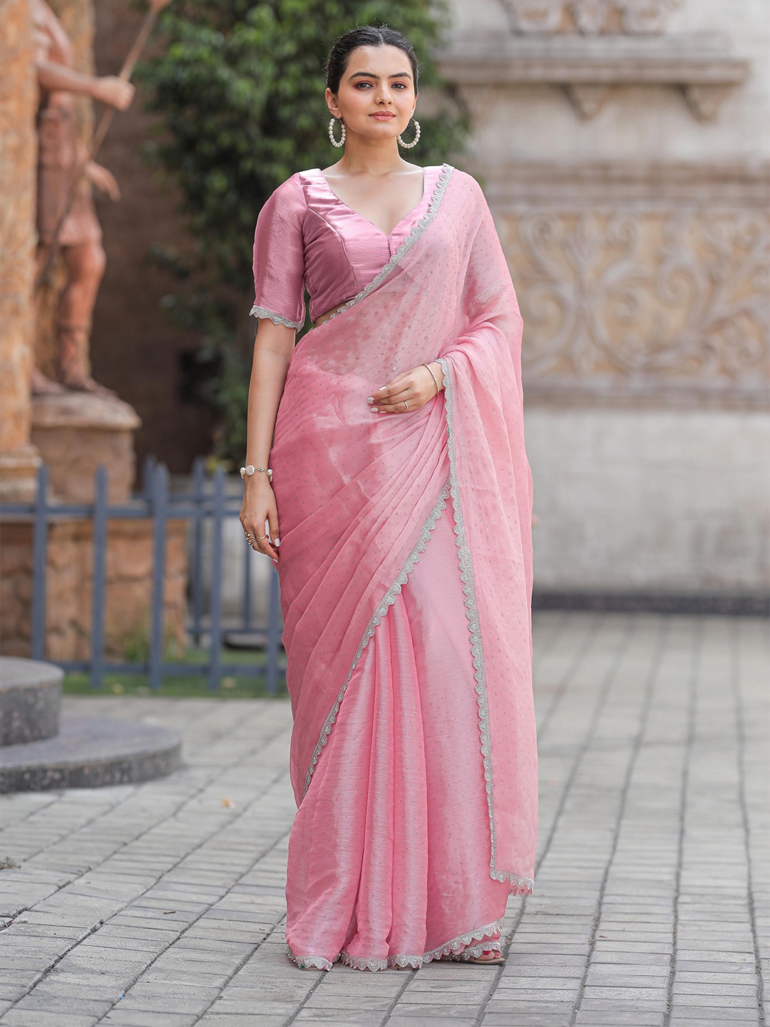 

Saree Exotica Embellished Beads and Stones Tussar Sarees, Pink