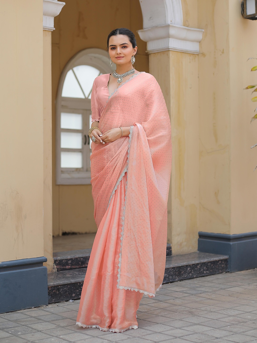 

Saree Exotica Embellished Beads and Stones Tussar Sarees, Coral