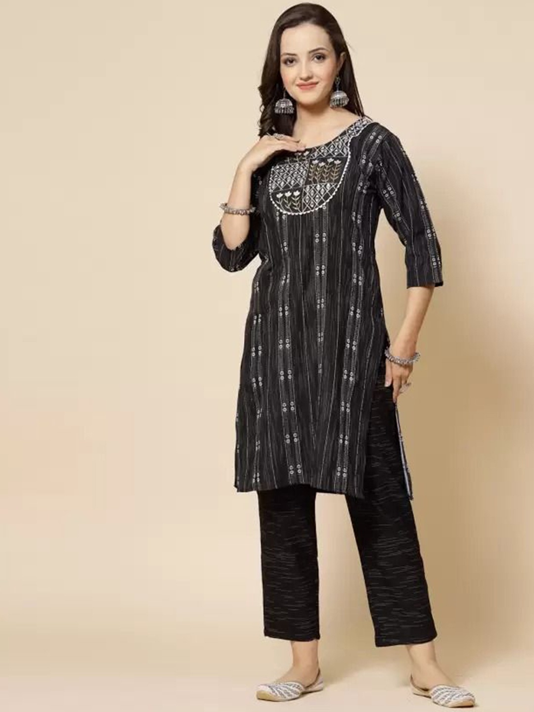 

S.K.C Round Neck Mirror Embroidered Straight Kurta with Pyjamas & Dupatta, Black