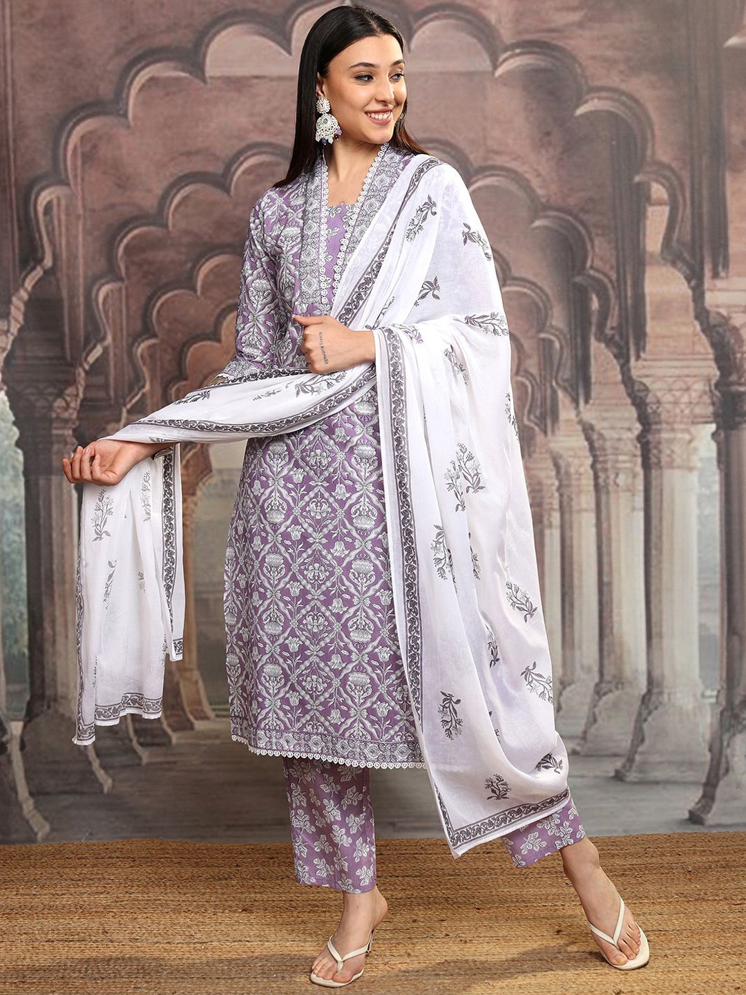 

Vishudh White Printed Gotta Patti Pure Cotton Straight Kurta With Trousers & Dupatta