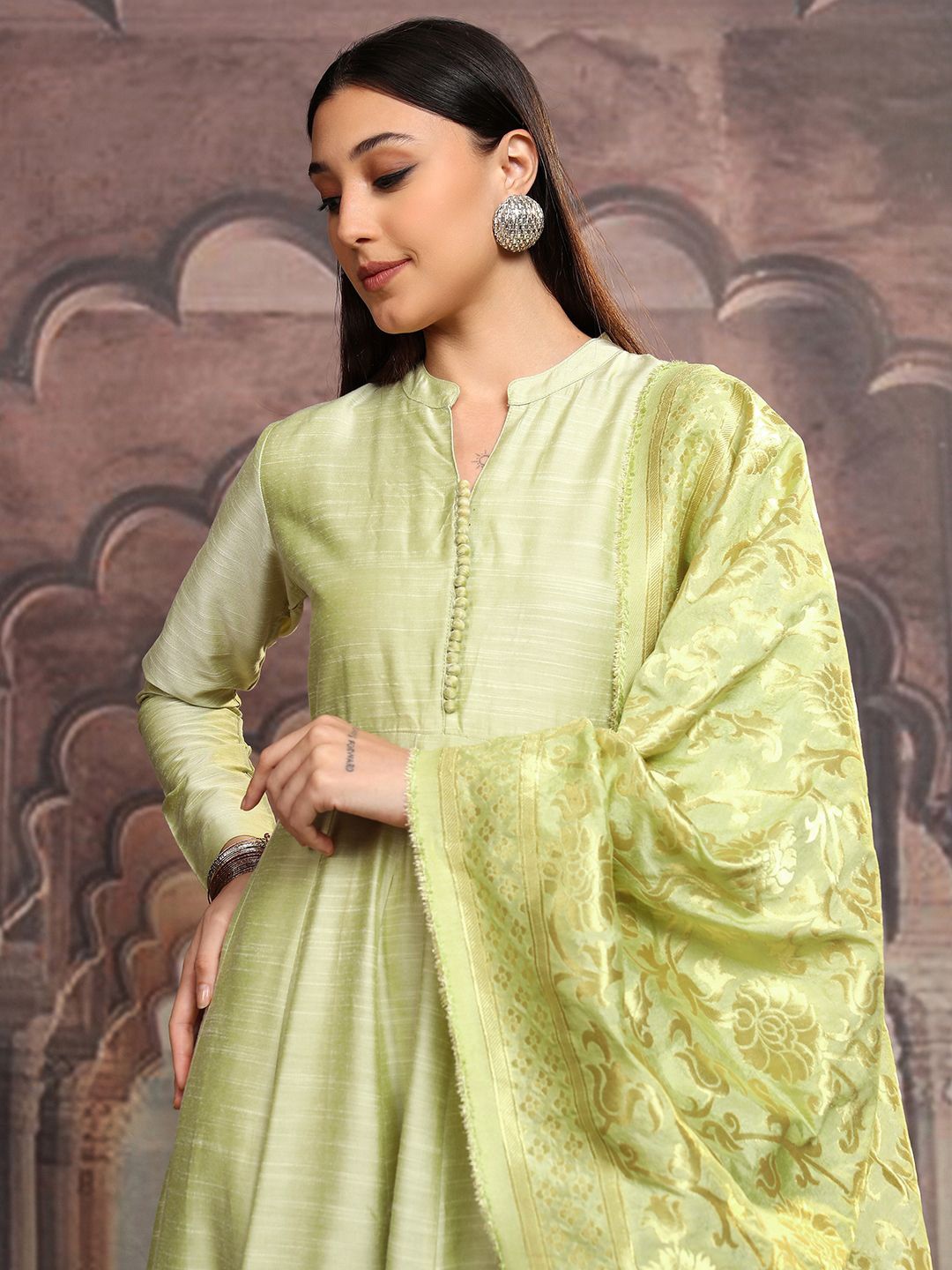 

Vishudh Lime Green Mandarin Collar Gathered Or Pleated Cotton Maxi Dress With Dupatta