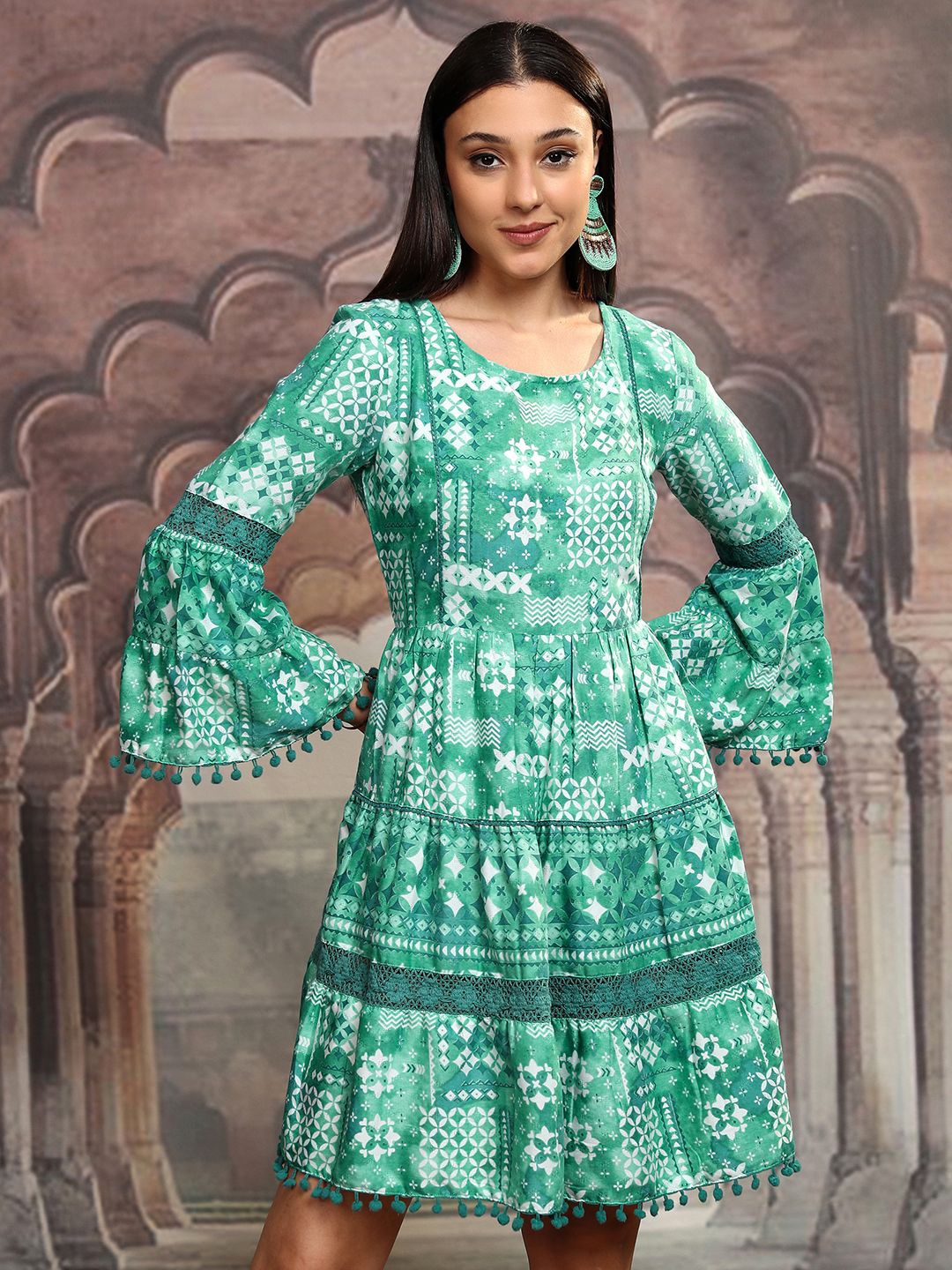 

Vishudh Green Geometric Printed Bell Sleeves Gathered Fit & Flare Dress