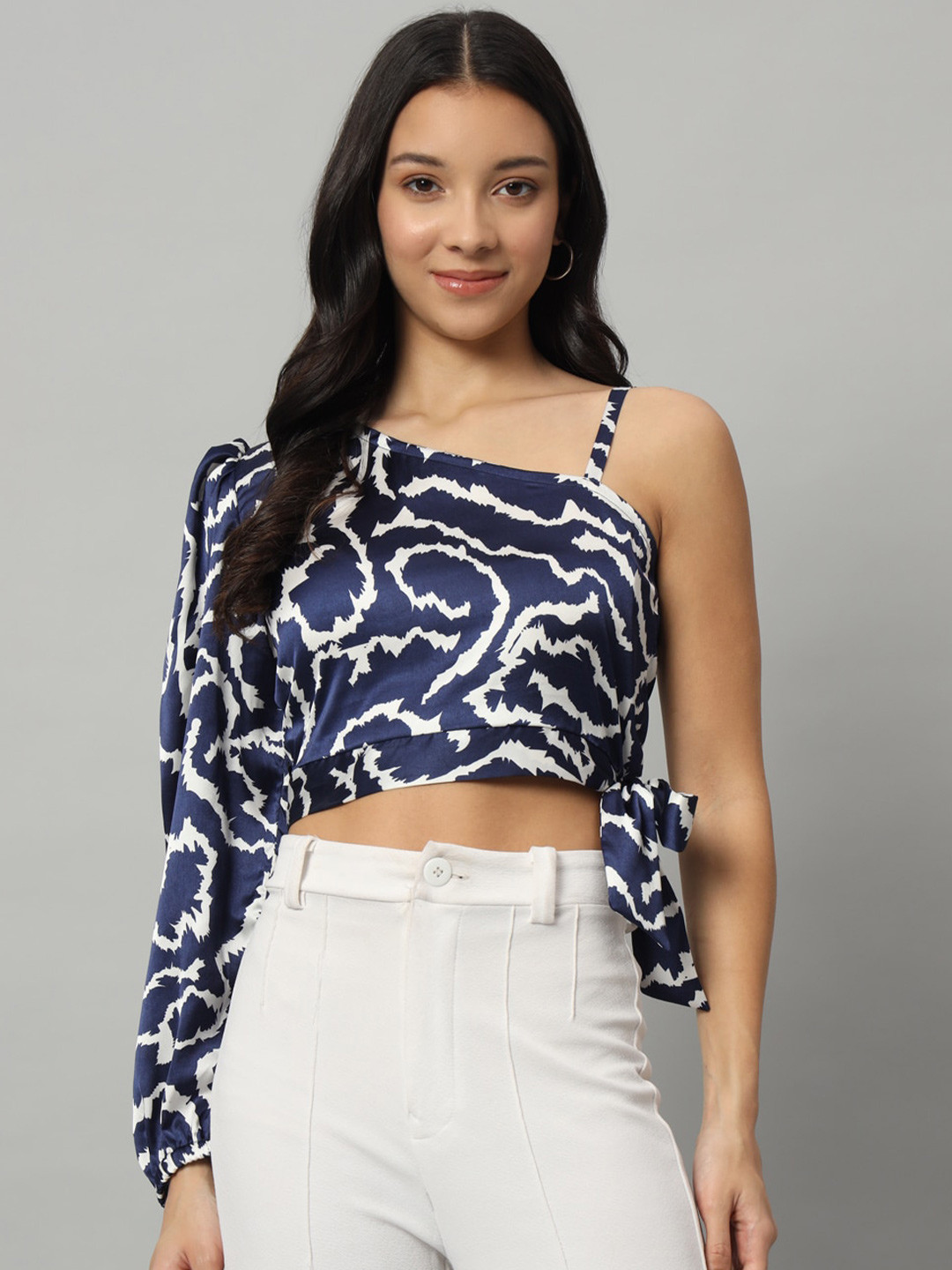 

Chemistry Abstract Printed One Shoulder Crop Top, Blue