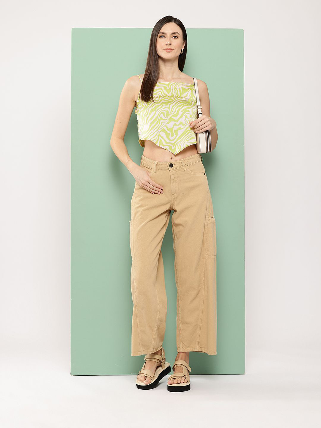 

Chemistry Abstract Printed Shoulder Straps Satin Regular Crop Top, Green