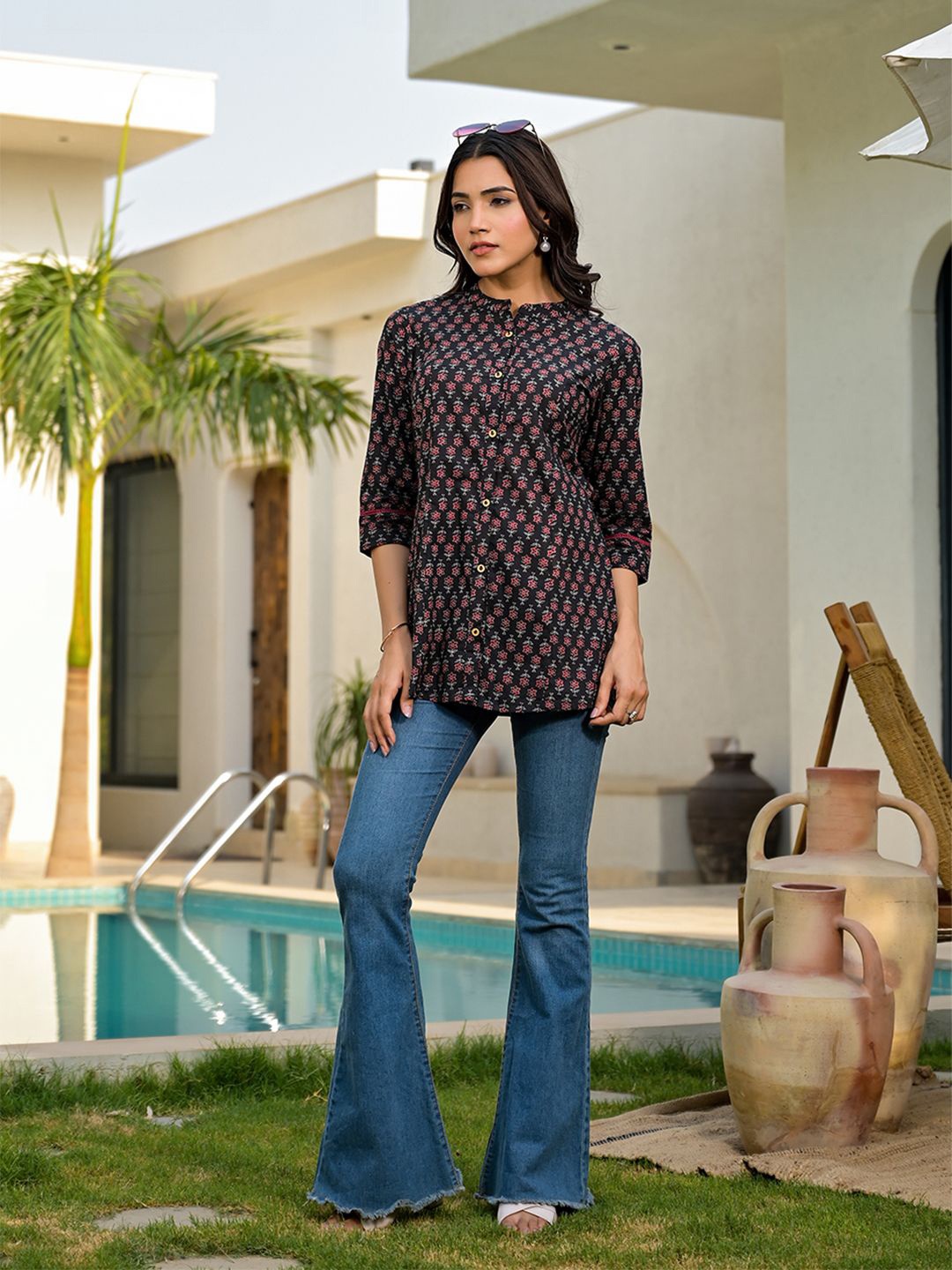 

ARAVALII Floral Printed Mandarin Collar Top, Black