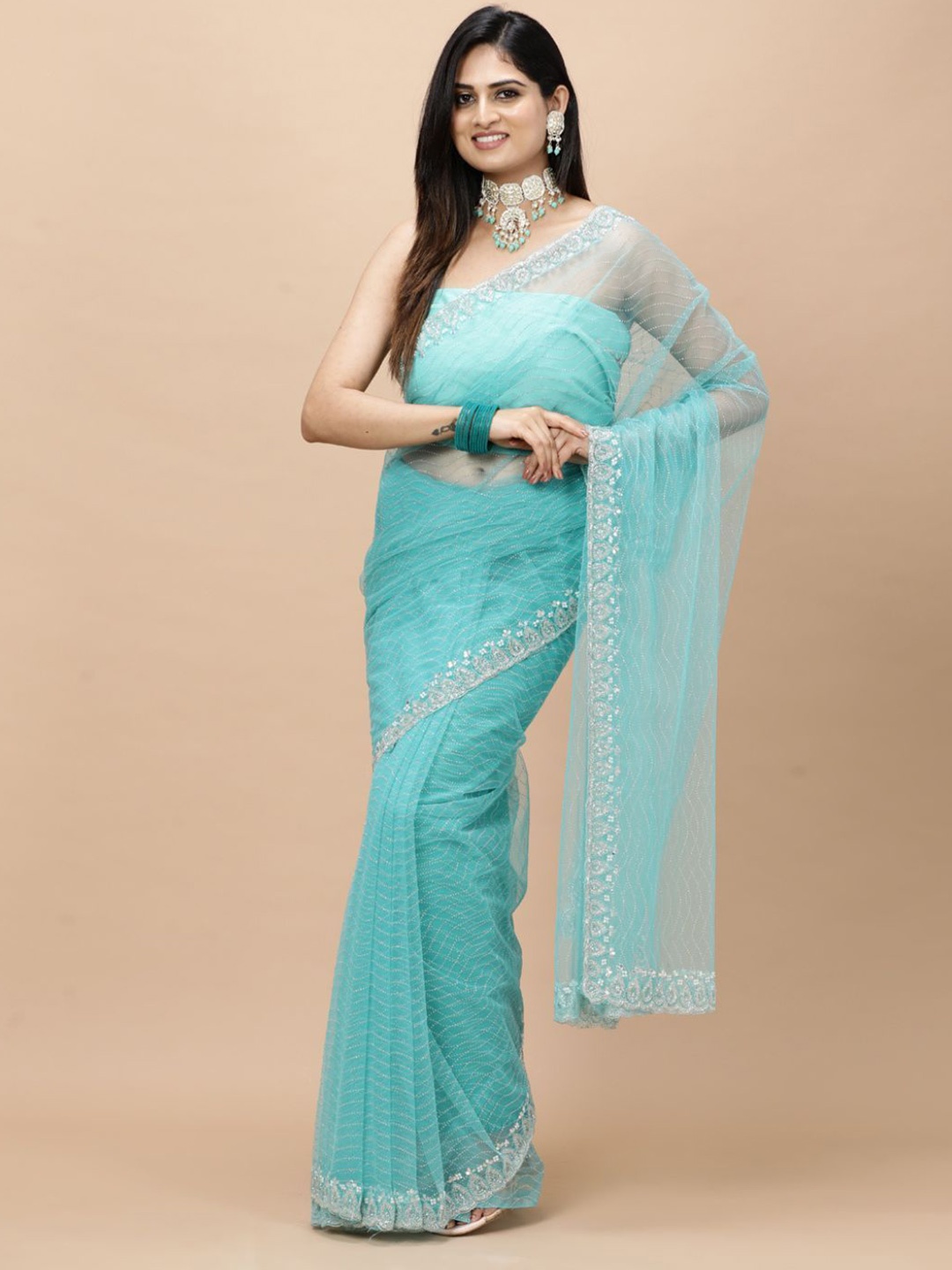 

Vervee Couture Embellished Beads and Stones Net Saree, Turquoise blue