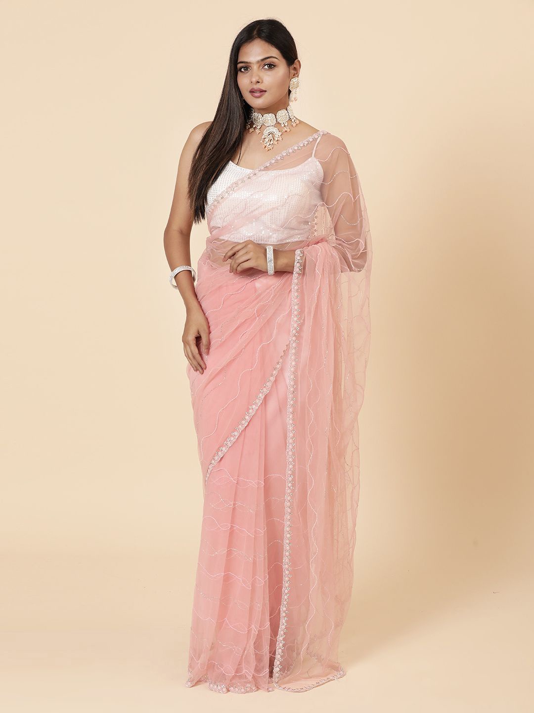 

Vervee Couture Embellished Net Heavy Work Saree, Peach