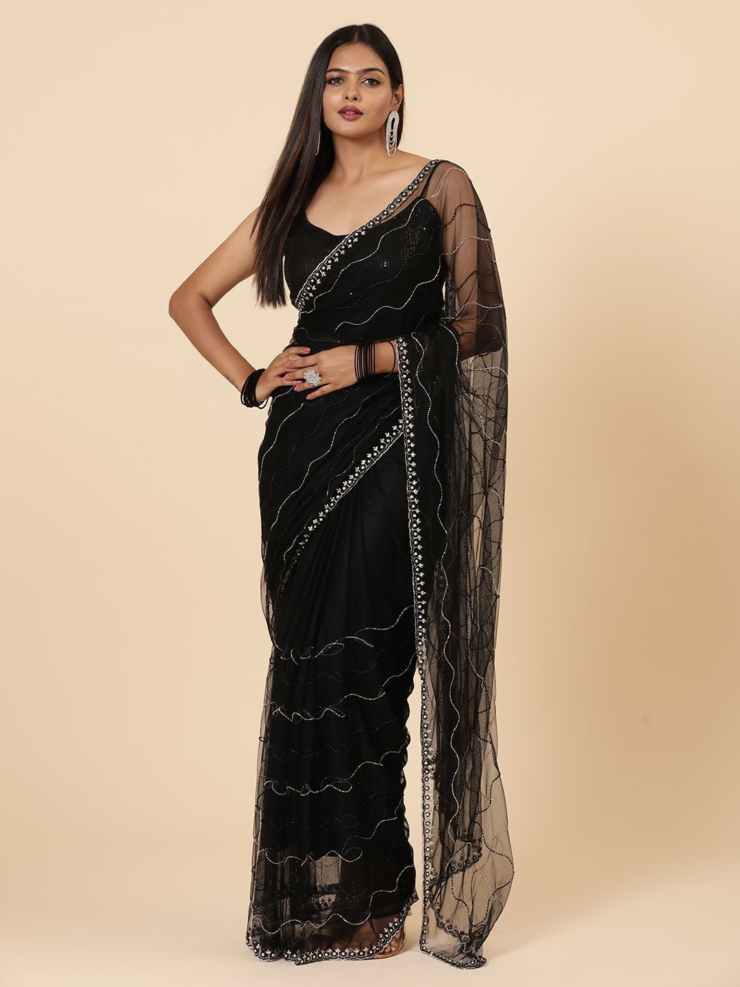

Vervee Couture Embellished Beads and Stones Net Heavy Work Saree, Black