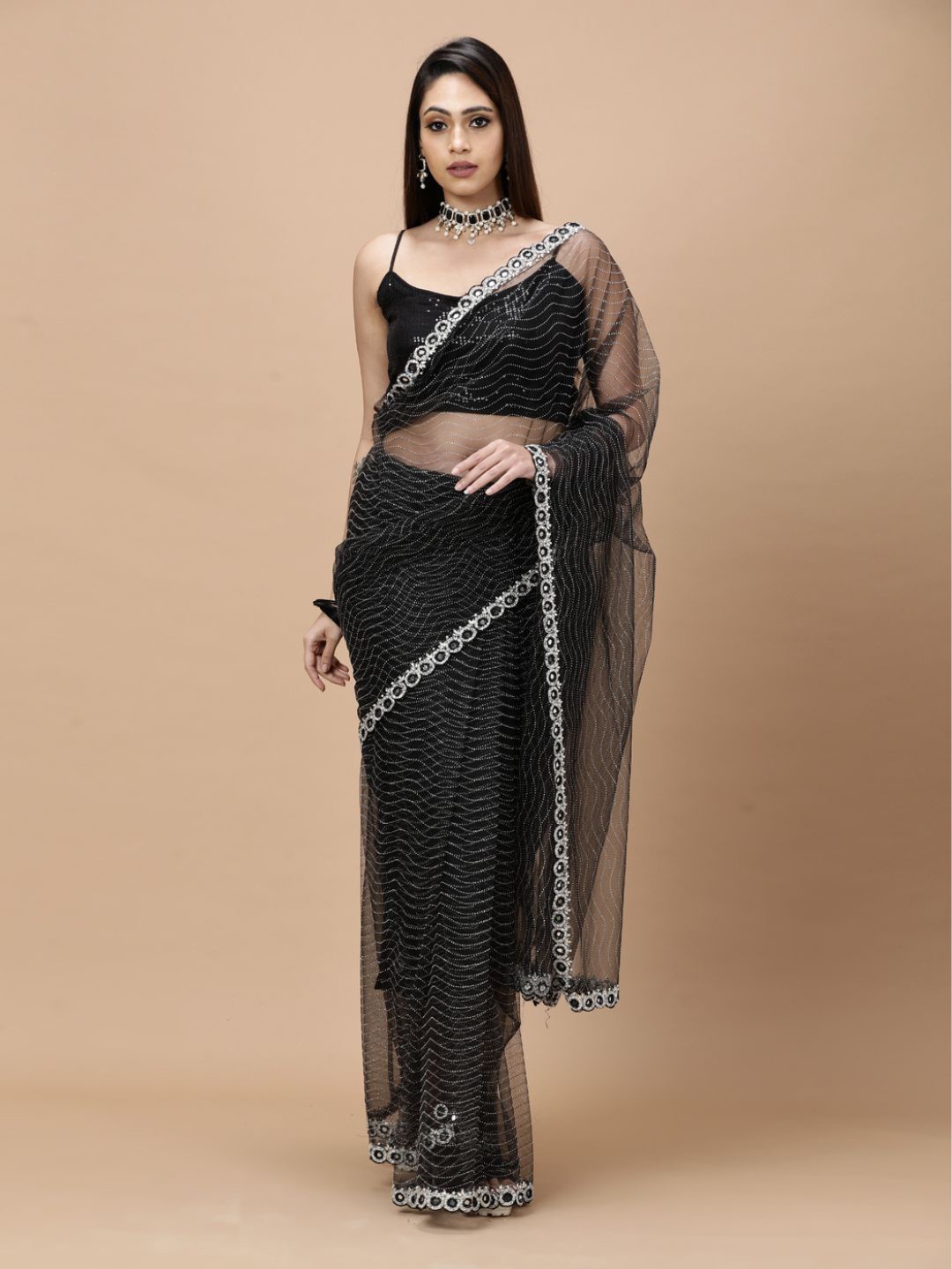 

Vervee Couture Embellished Beads and Stones Net Heavy Work Saree, Black