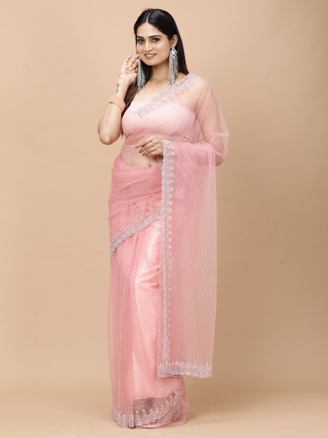 

Vervee Couture Embellished Beads and Stones Net Heavy Work Saree, Pink