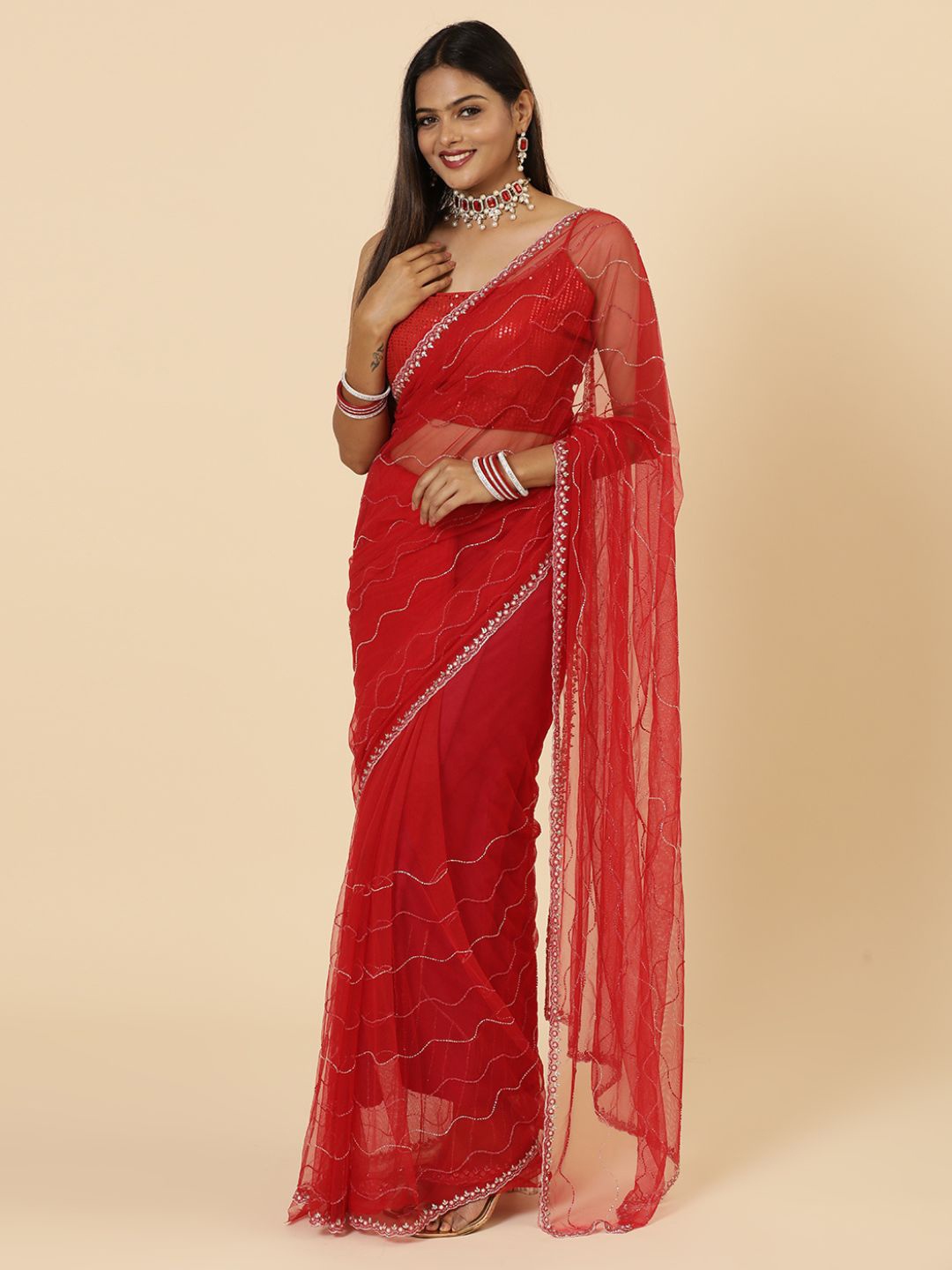 

Vervee Couture Embellished Beads and Stones Net Saree, Red