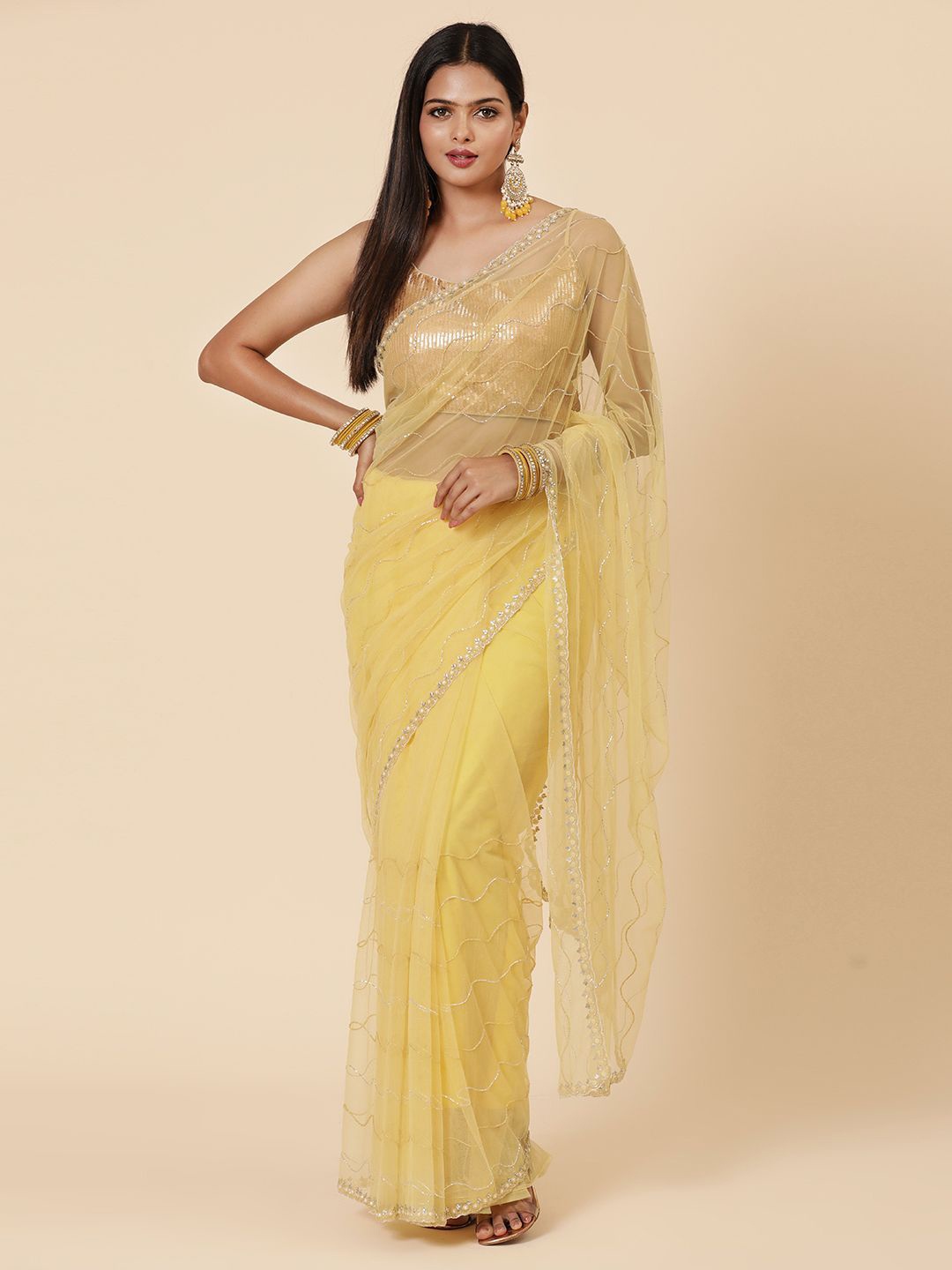 

Vervee Couture Floral Embroidered Net Saree, Yellow