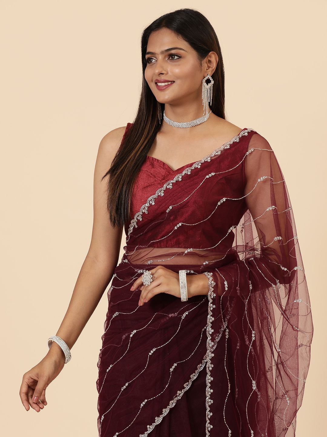 

Vervee Couture Embellished Beads and Stones Net Heavy Work Saree, Maroon