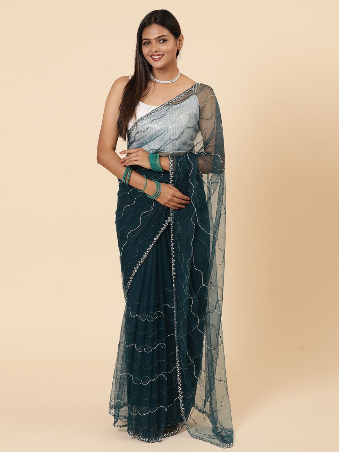 

Vervee Couture Embellished Beads and Stones Net Heavy Work Saree, Green