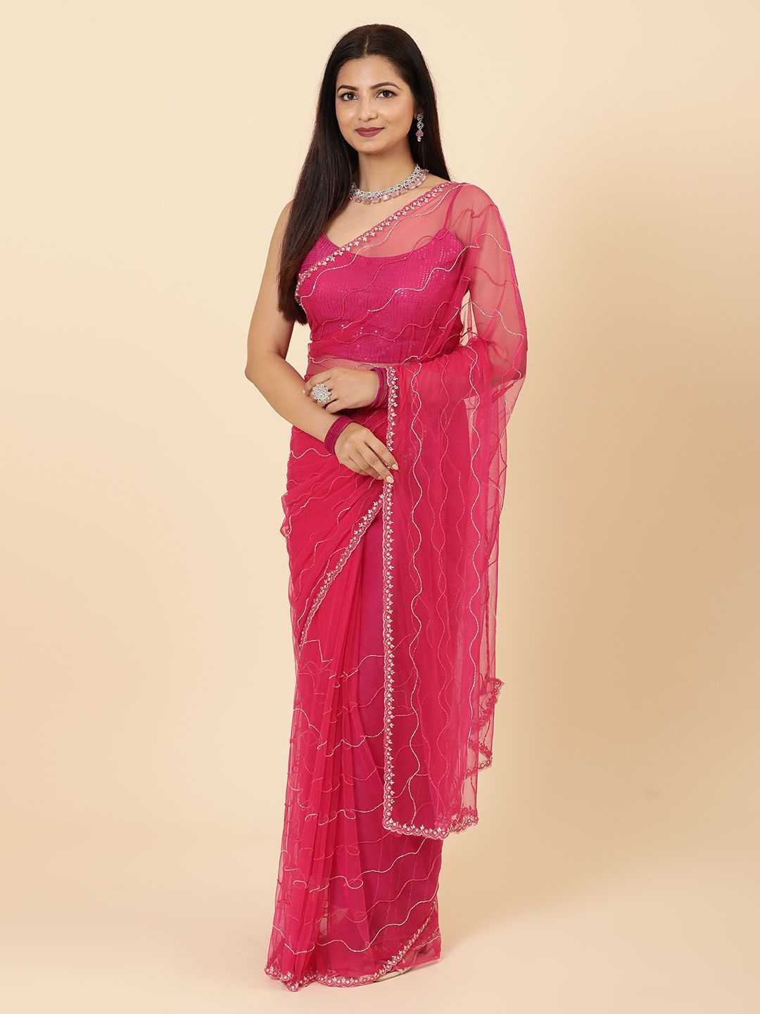 

Vervee Couture Floral Embroidered Net Saree, Pink