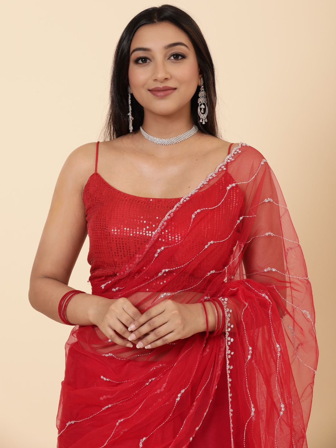 Vervee Couture Embellished Beads and Stones Net Saree, Red