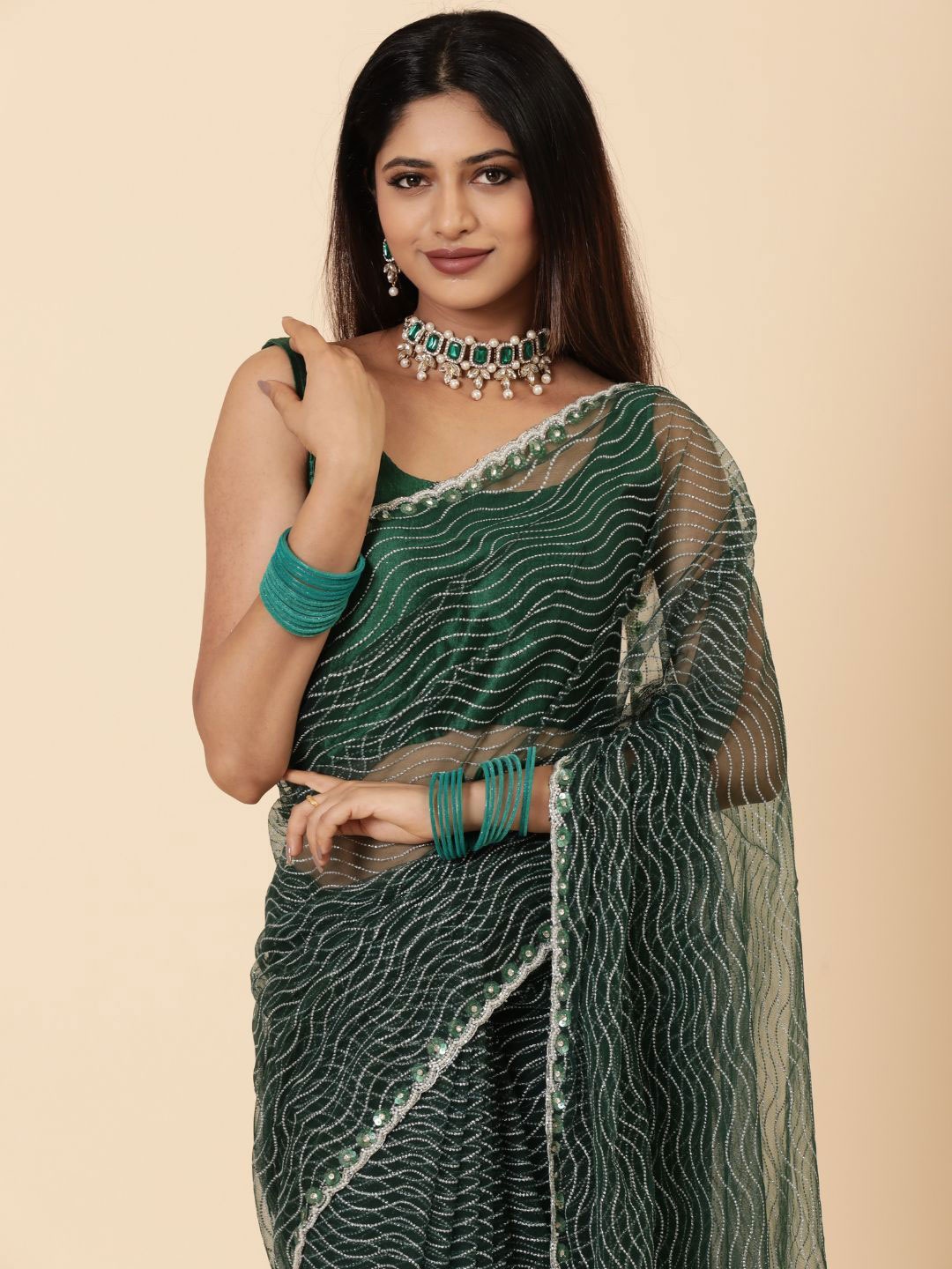 

Vervee Couture Striped Embroidered Net Saree, Green