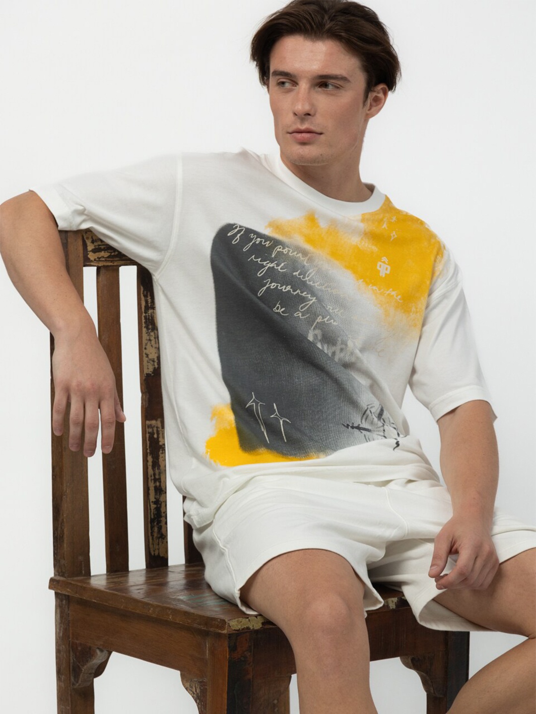 

PURPLE POTATO Men Typography Printed Round Neck Cotton T-shirt, White