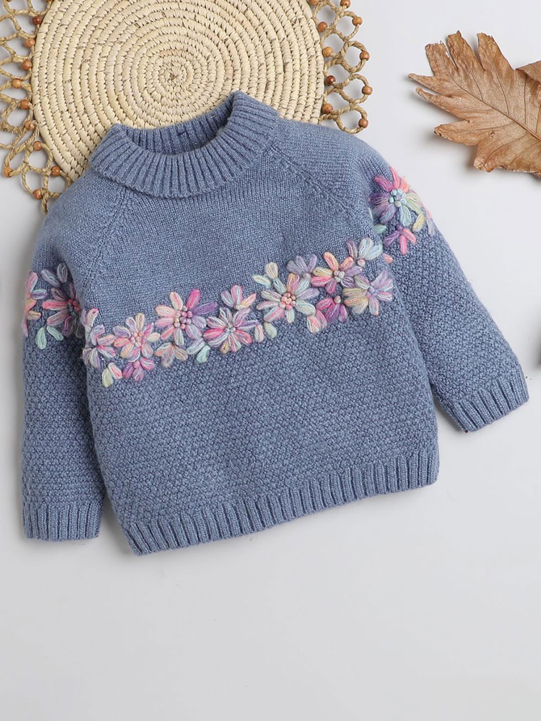 

Yellow Apple Girls Floral Embroidered Woollen Pullover Sweater, Blue