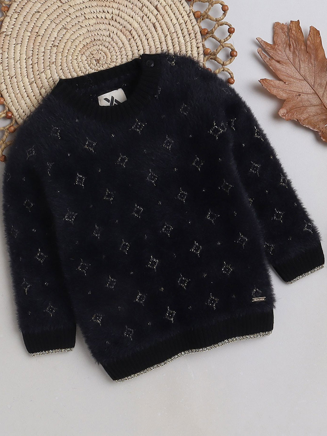 

Yellow Apple Girls Geometric Printed Round Neck Pullover Sweater, Black