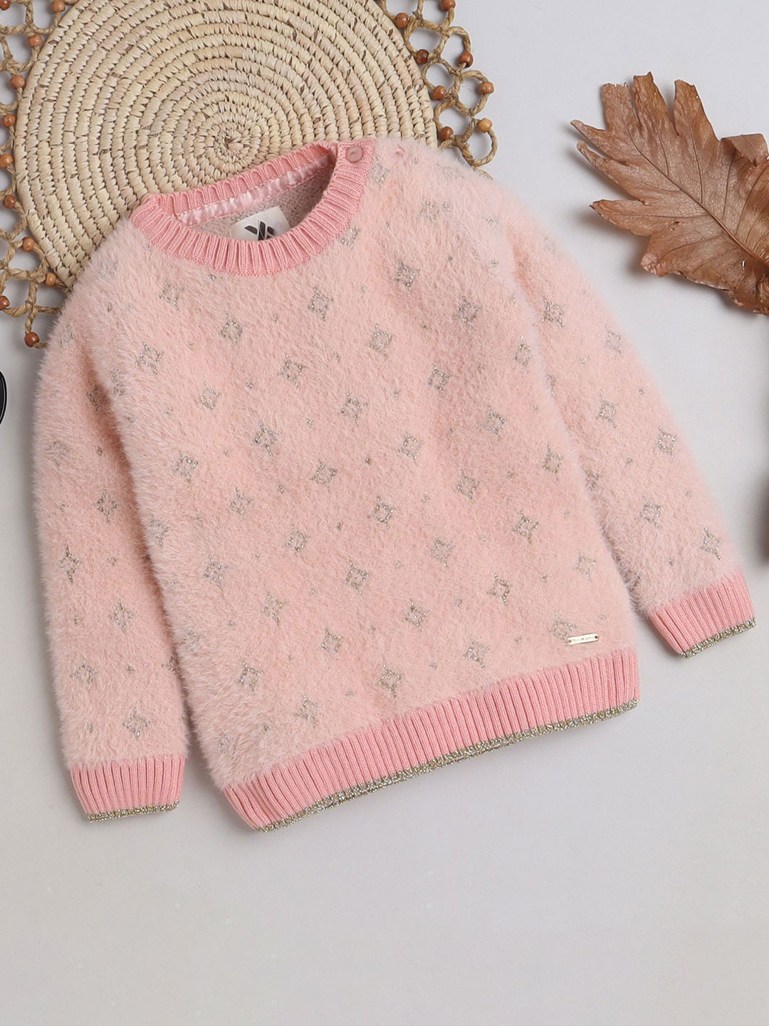 

Yellow Apple Girls Abstract Printed Woollen Pullover Sweater, Peach
