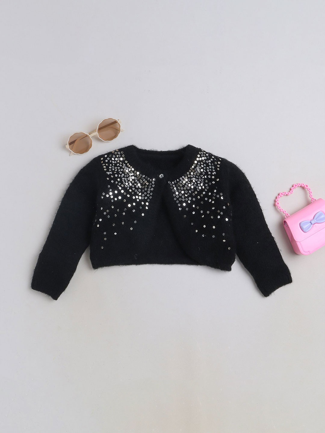 

Yellow Apple Girls Embroidered Embellished Woollen Cardigan, Black