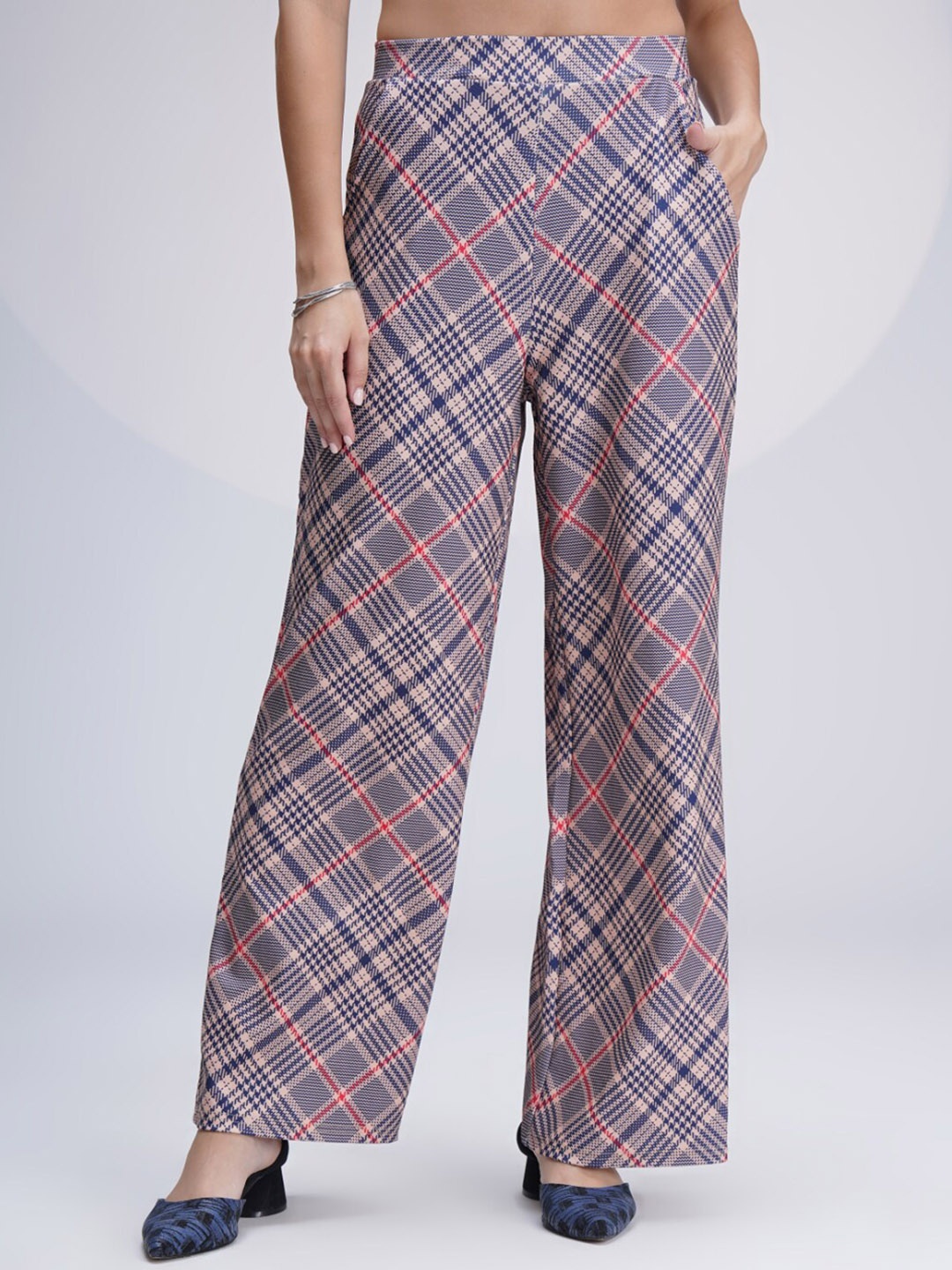 

WESTHOOD Women Checked Relaxed High-Rise Easy Wash Parallel Trousers, Beige