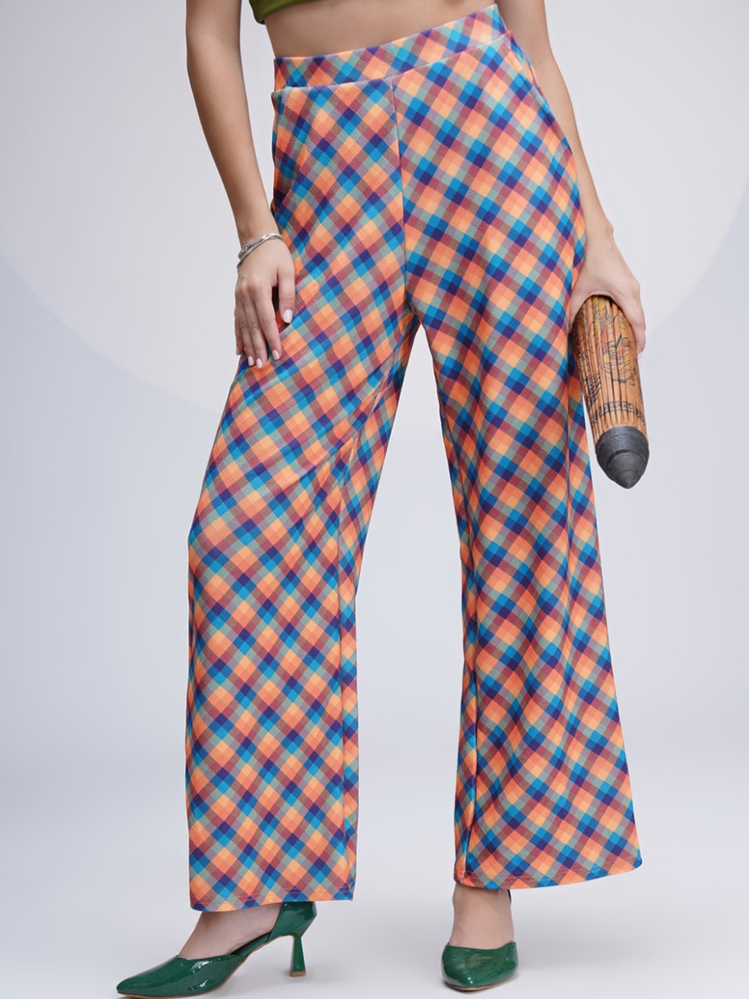 

WESTHOOD Women Checked Relaxed High-Rise Easy Wash Parallel Trousers, Orange