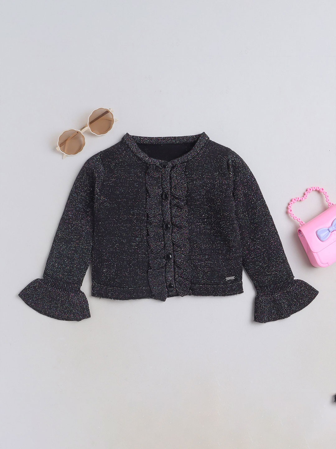 

Yellow Apple Girls Speckled Woollen Cardigan, Black
