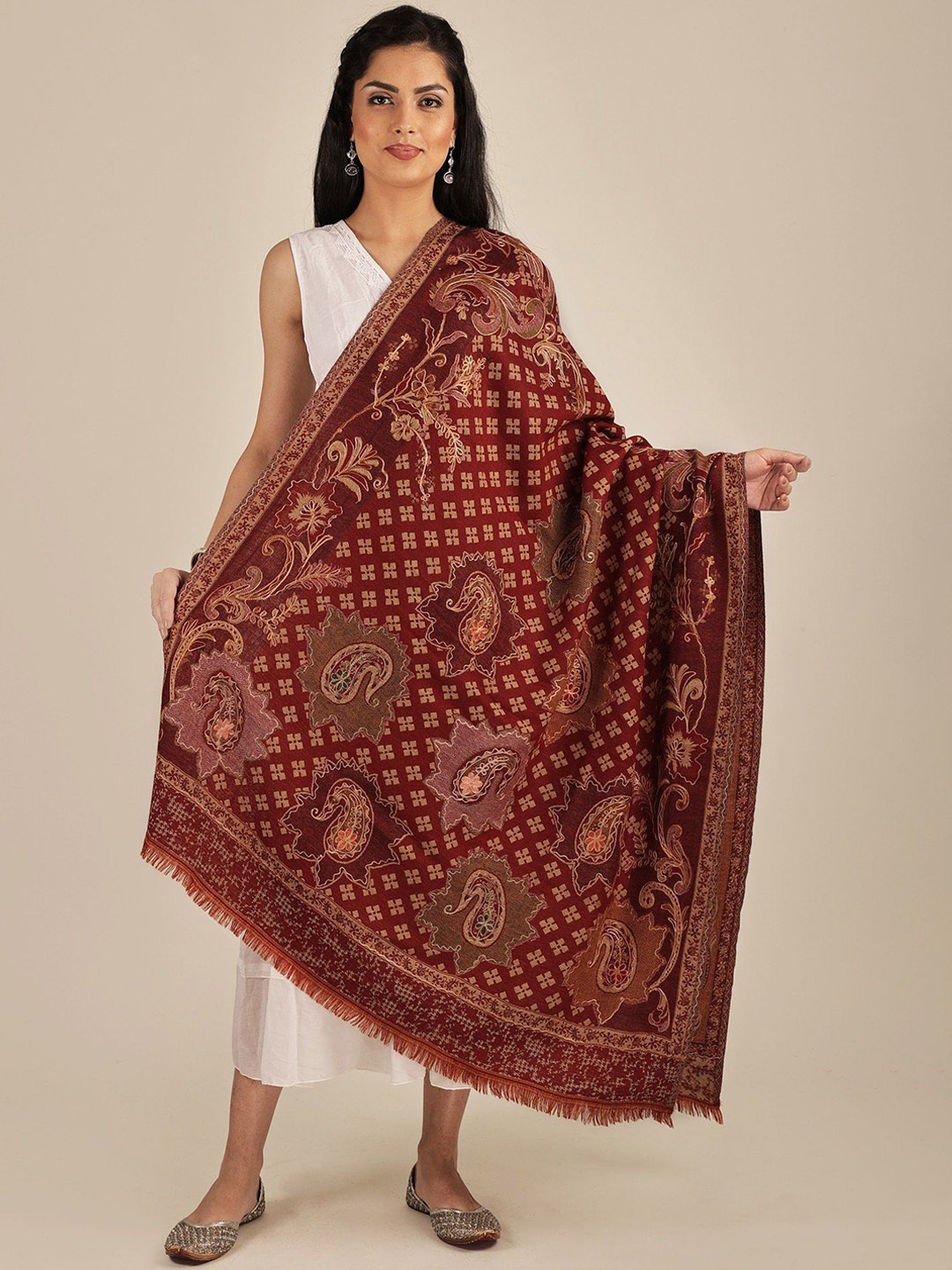 

Exotic India Red Dahila Jamawar Wool Shawl with Aari Embroidery and Paisley