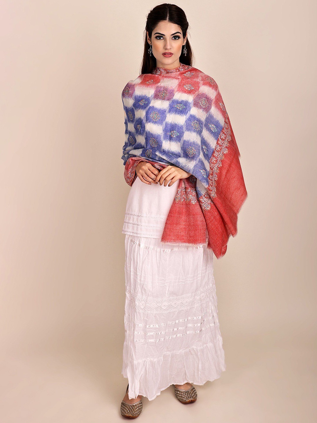 

Exotic India Ethnic Motifs Embroidered Shawl, Red