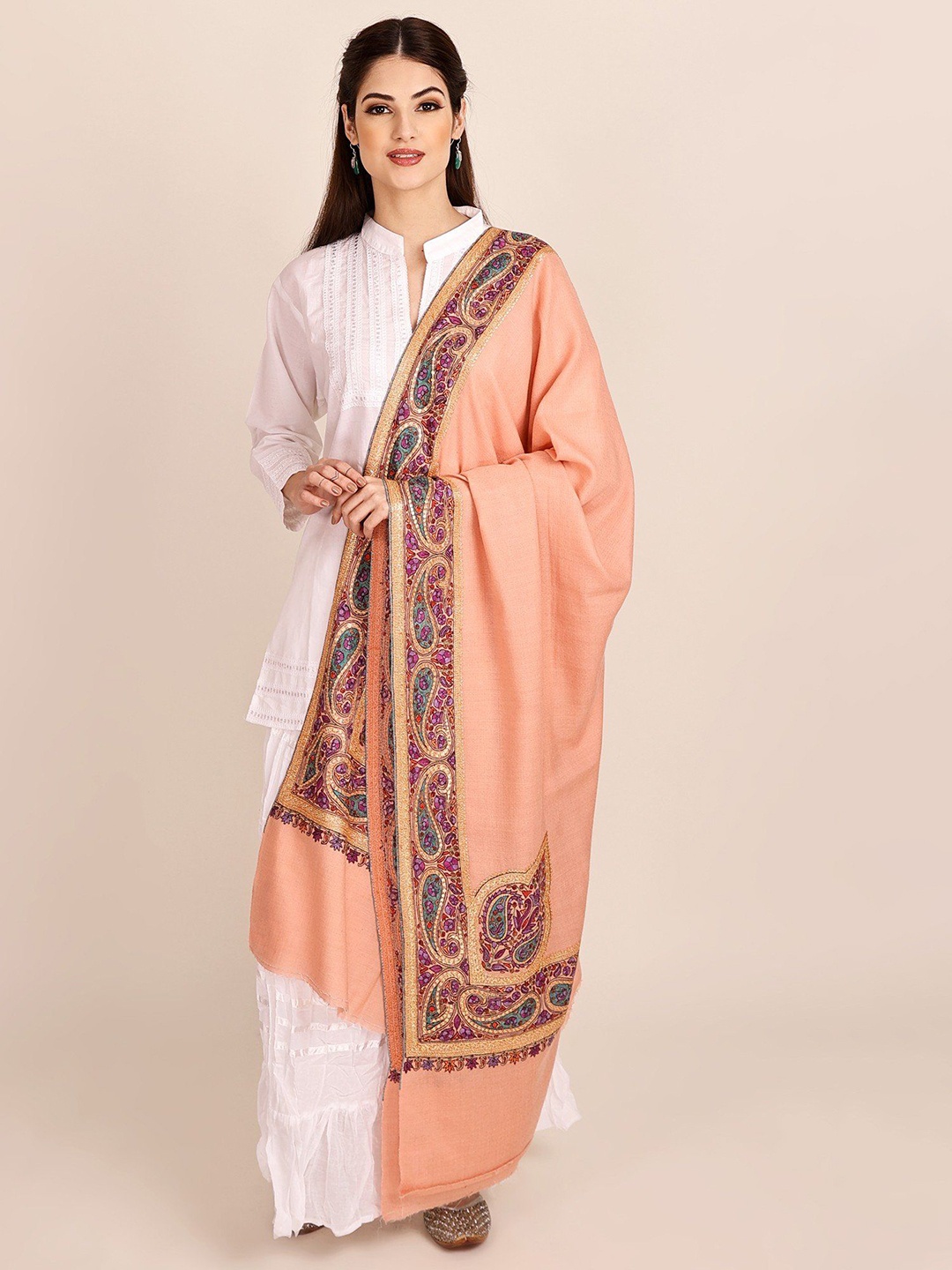 

Exotic India Women Ethnic Motifs Embroidered Shawl, Peach