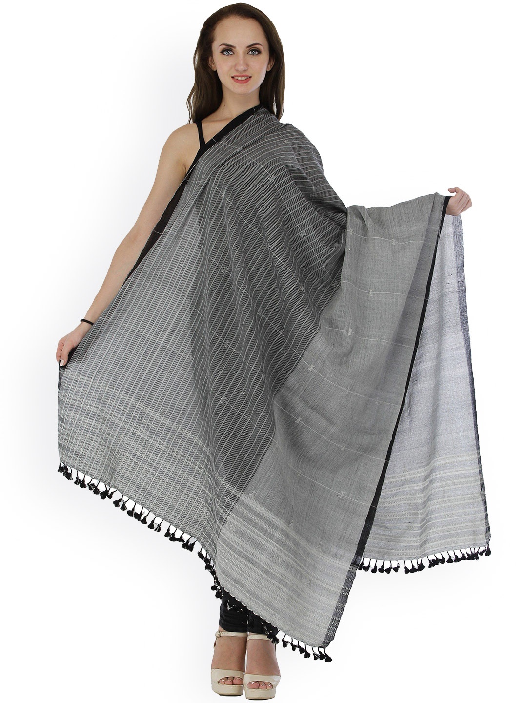 

Exotic India Women Geometric Woven Design Woollen Shawl, Black