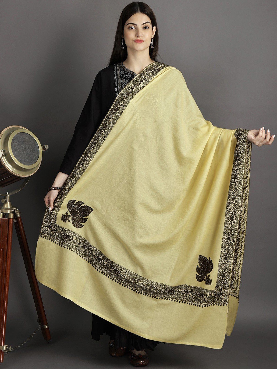 

Exotic India Sunlight Kashmiri Shawl With Sozni Hand-Embroidered Paisley Border & Corners, Yellow