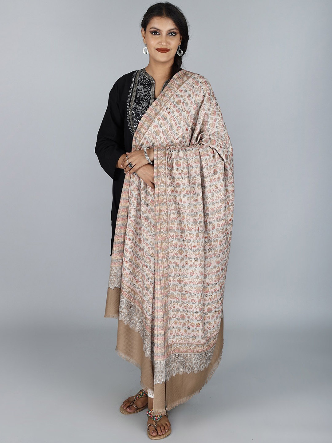 

Exotic India Tan Pure Wool Jamawar Woolen Shawl with All Over Floral Pattern