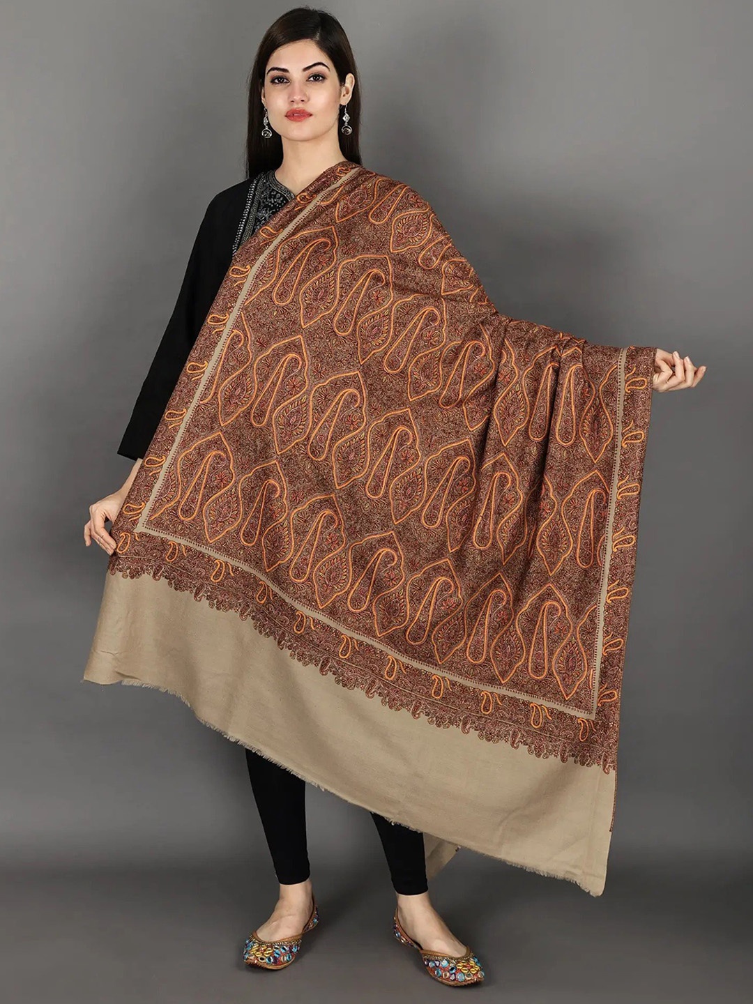 

Exotic India Women Floral Embroidered Woollen Kashmir Shawl, Brown